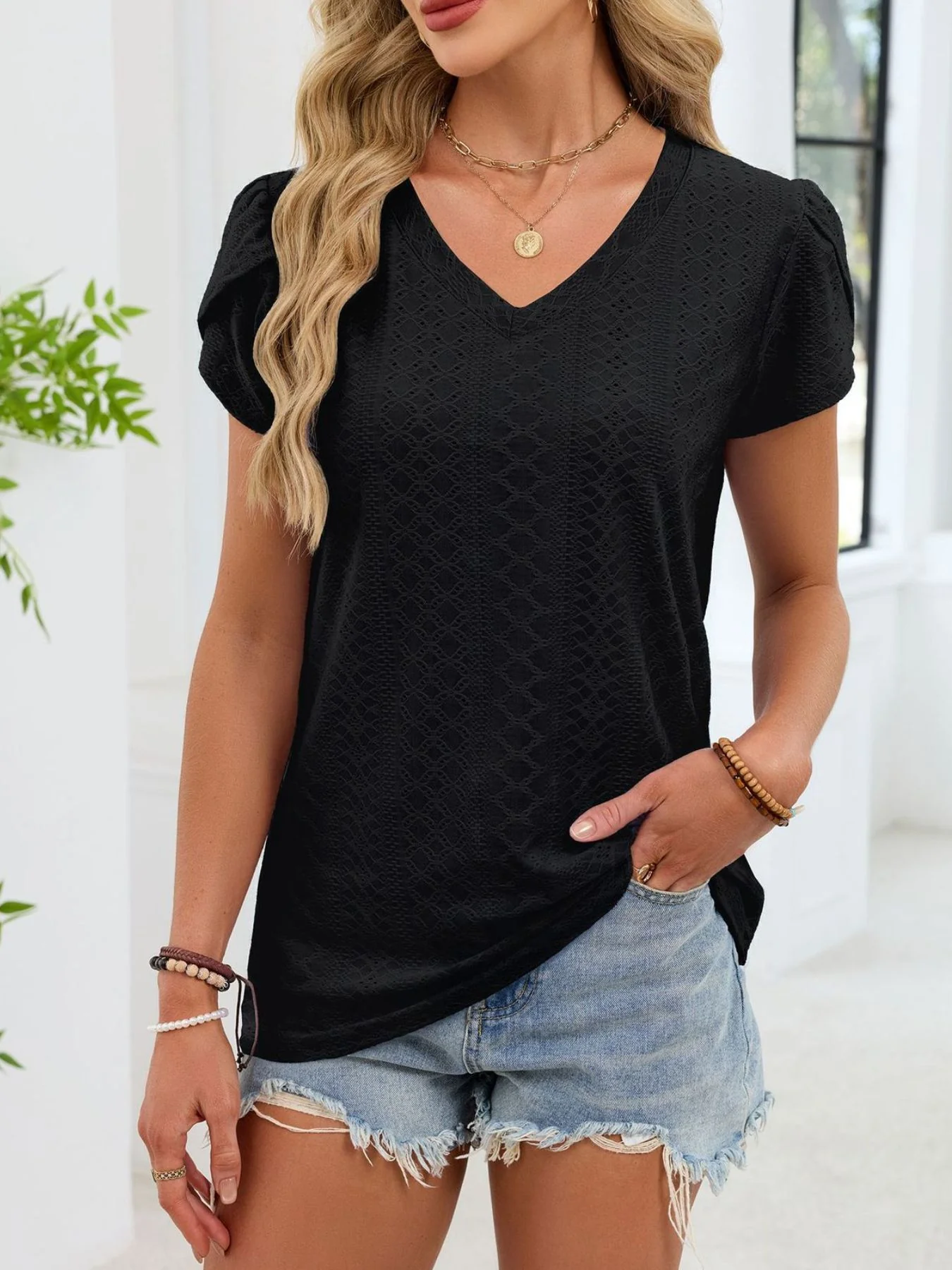Eyelet Petal Sleeve V-Neck T-Shirt - Image 13