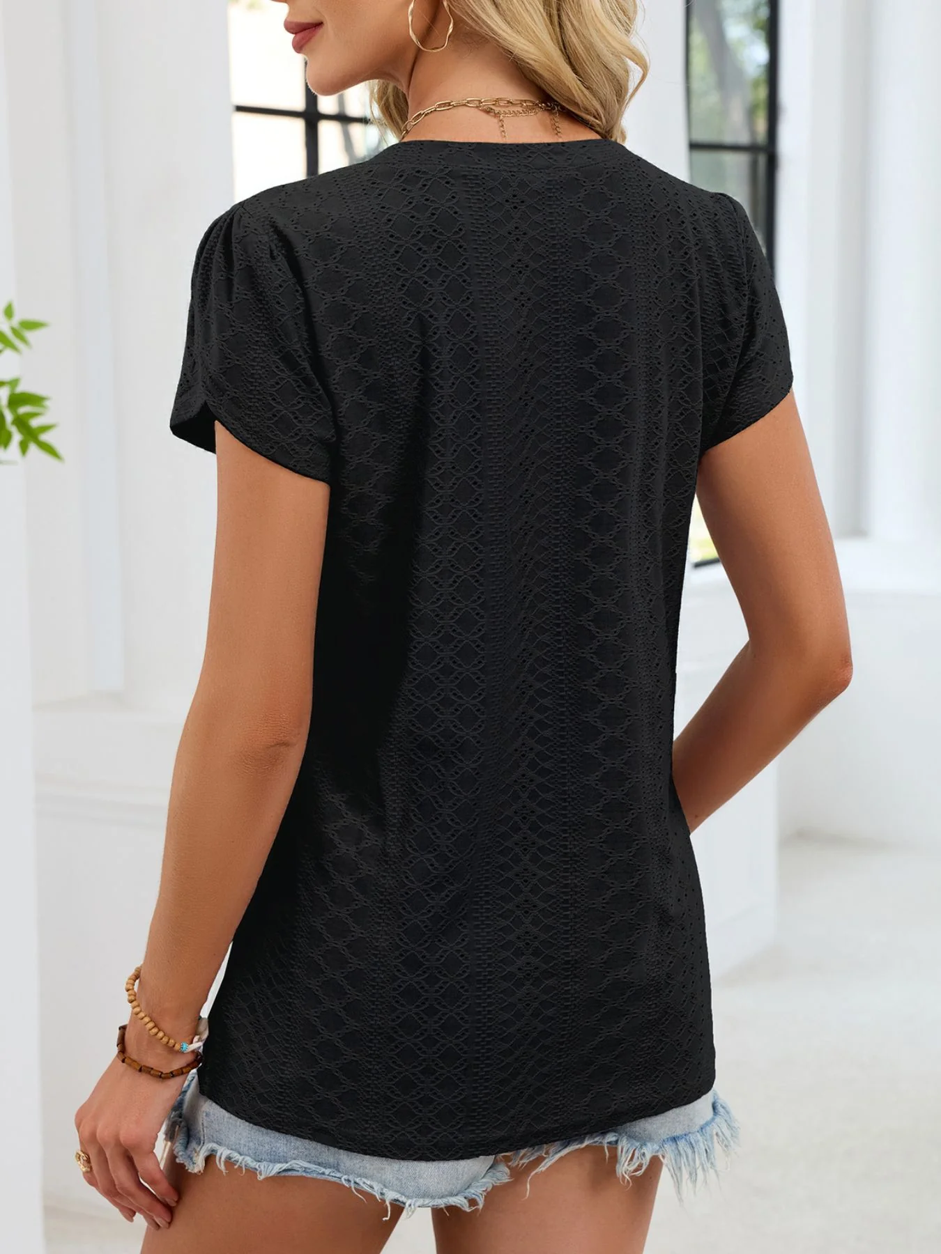 Eyelet Petal Sleeve V-Neck T-Shirt - Image 14