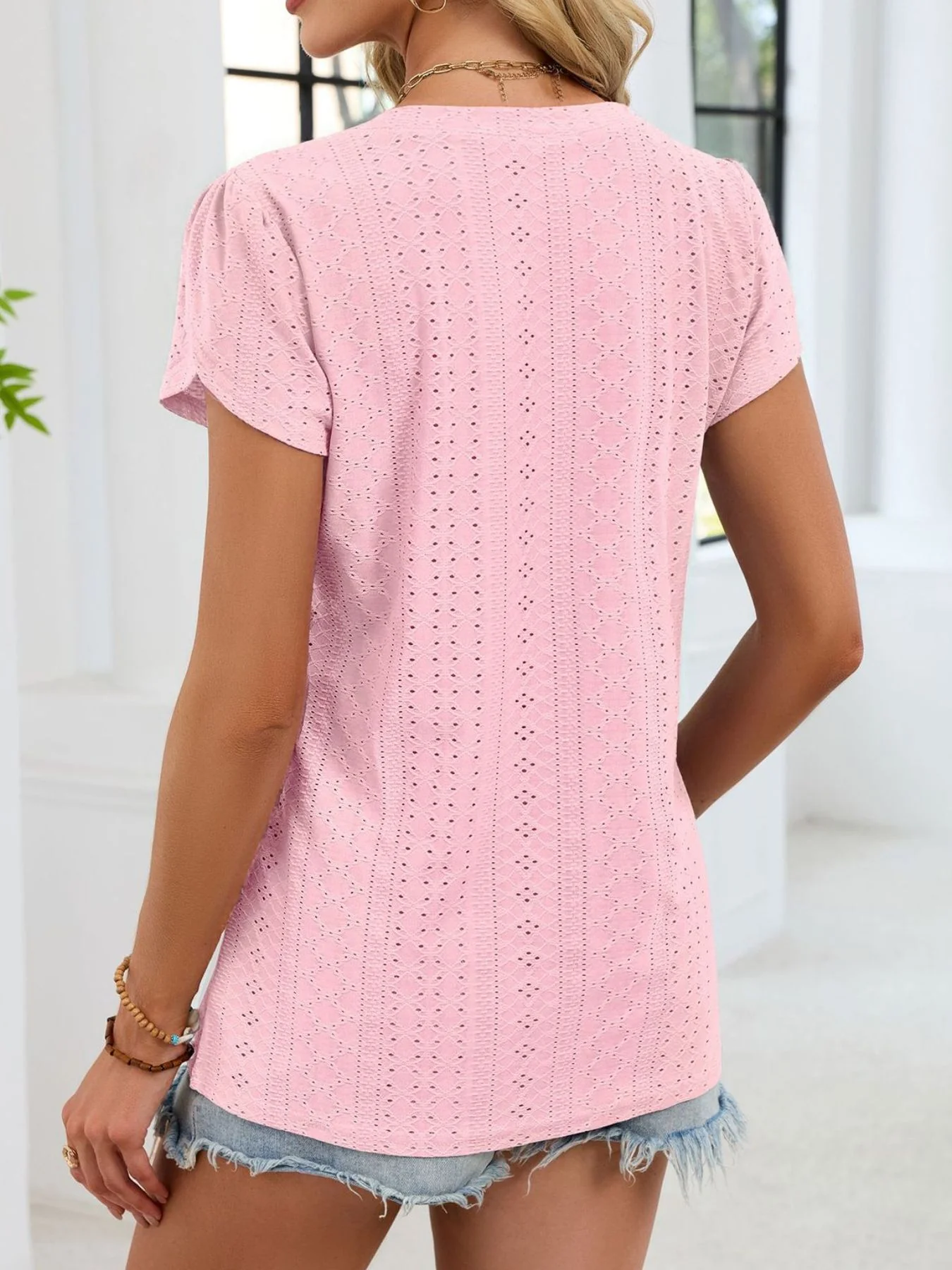 Eyelet Petal Sleeve V-Neck T-Shirt - Image 17