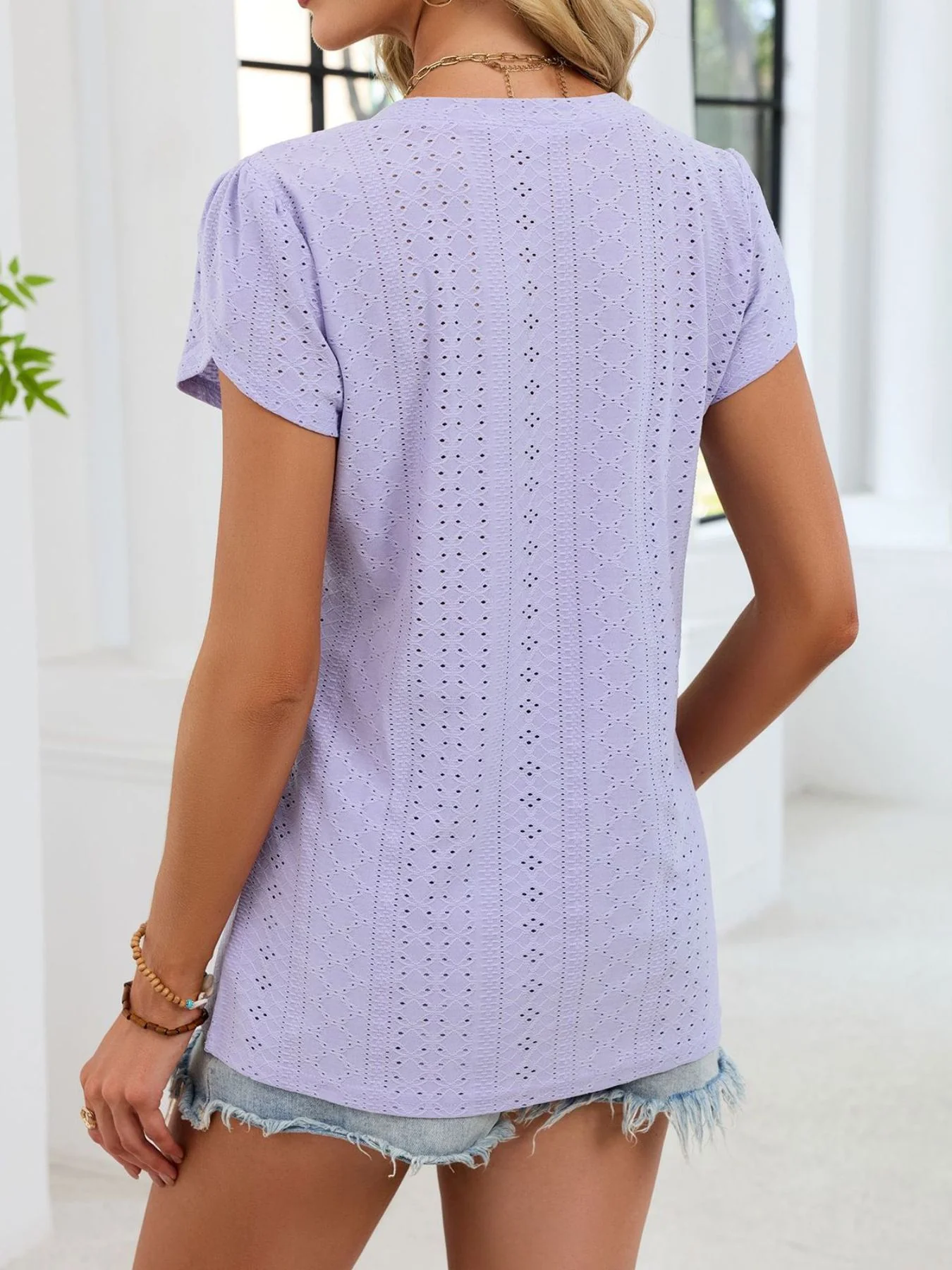 Eyelet Petal Sleeve V-Neck T-Shirt - Image 5