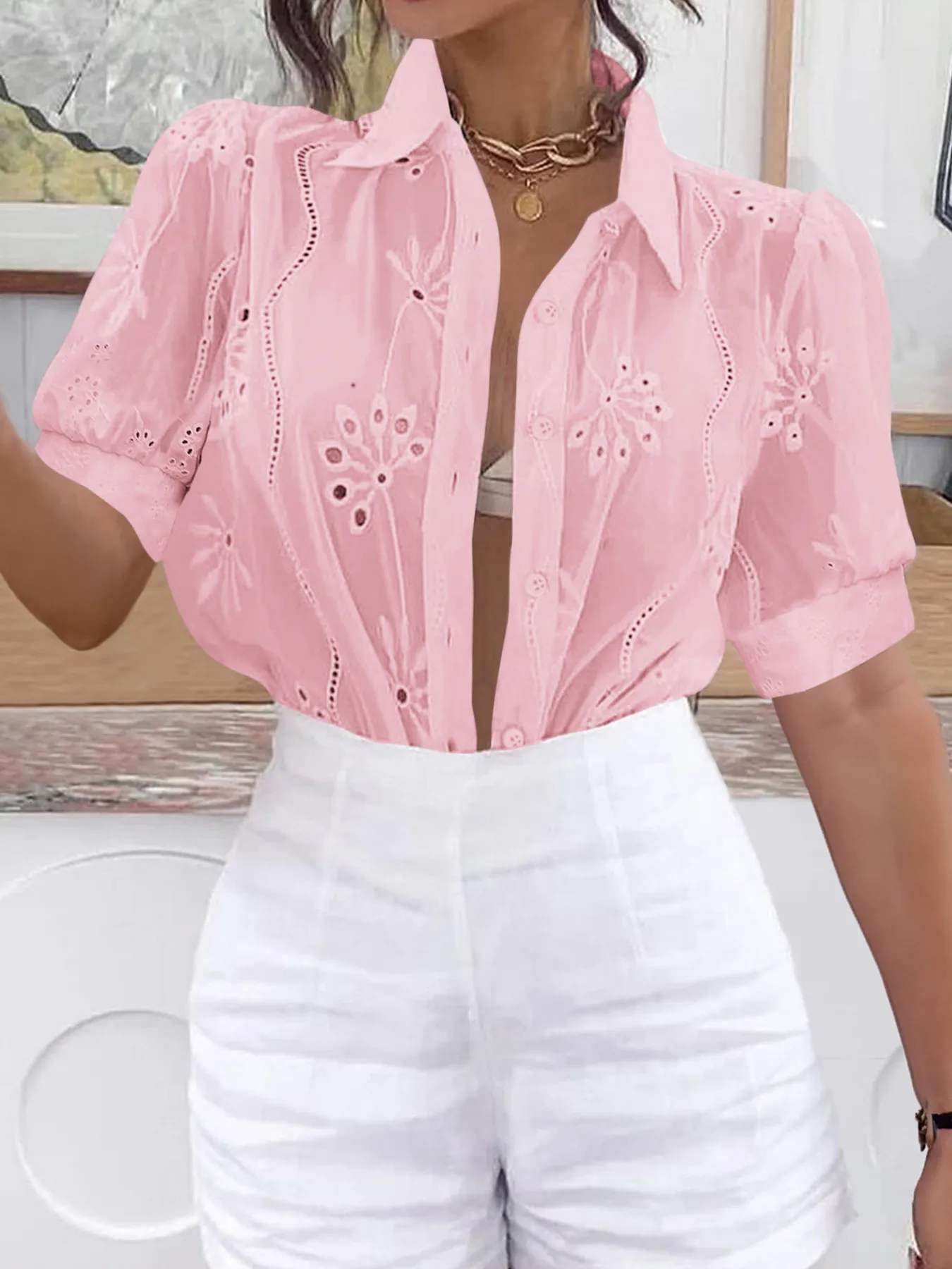 Eyelet Puff Sleeve Button-Up Shirt - Image 6