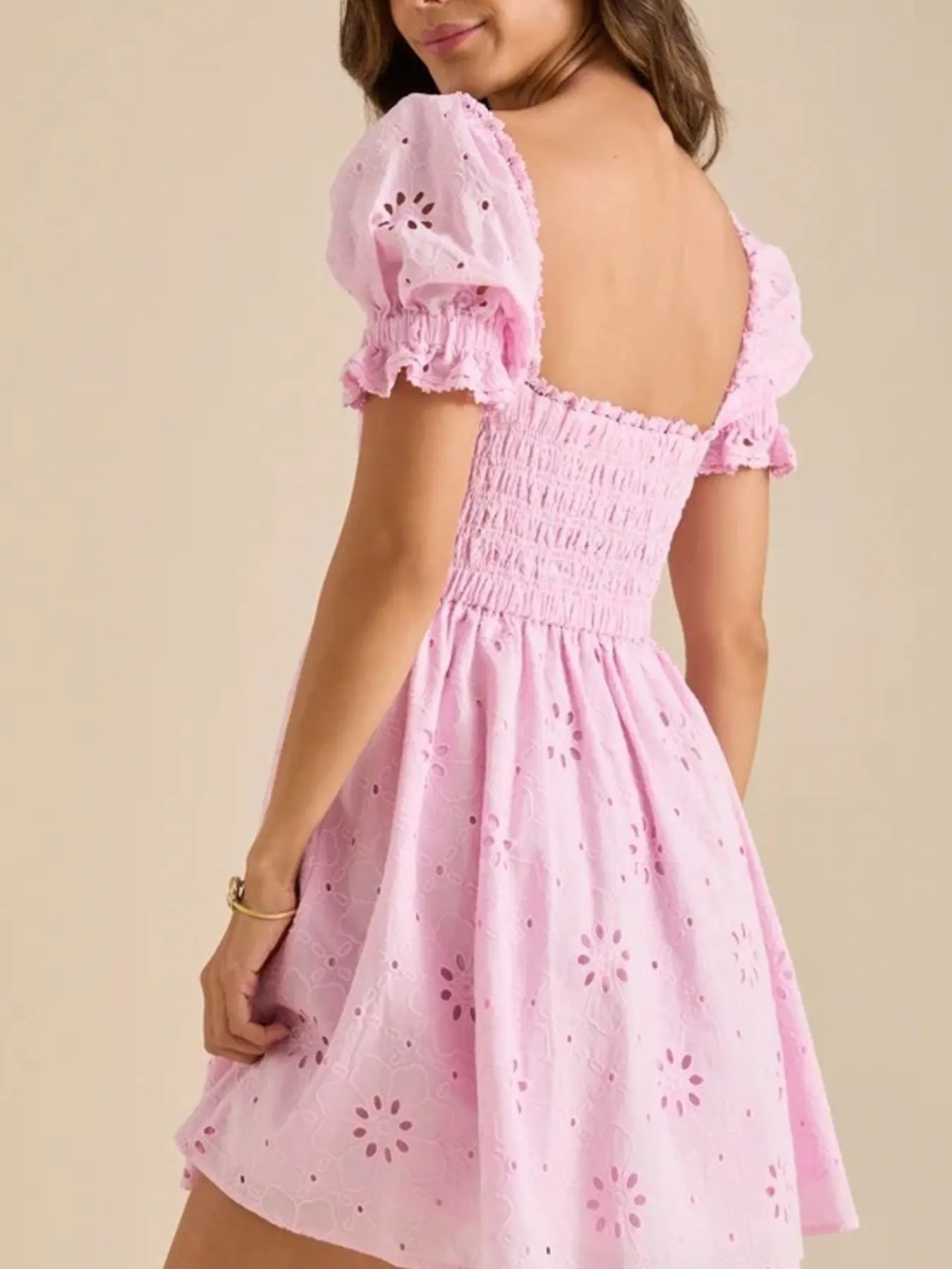 Eyelet Puff Sleeve Smocked Mini Dress - Image 5