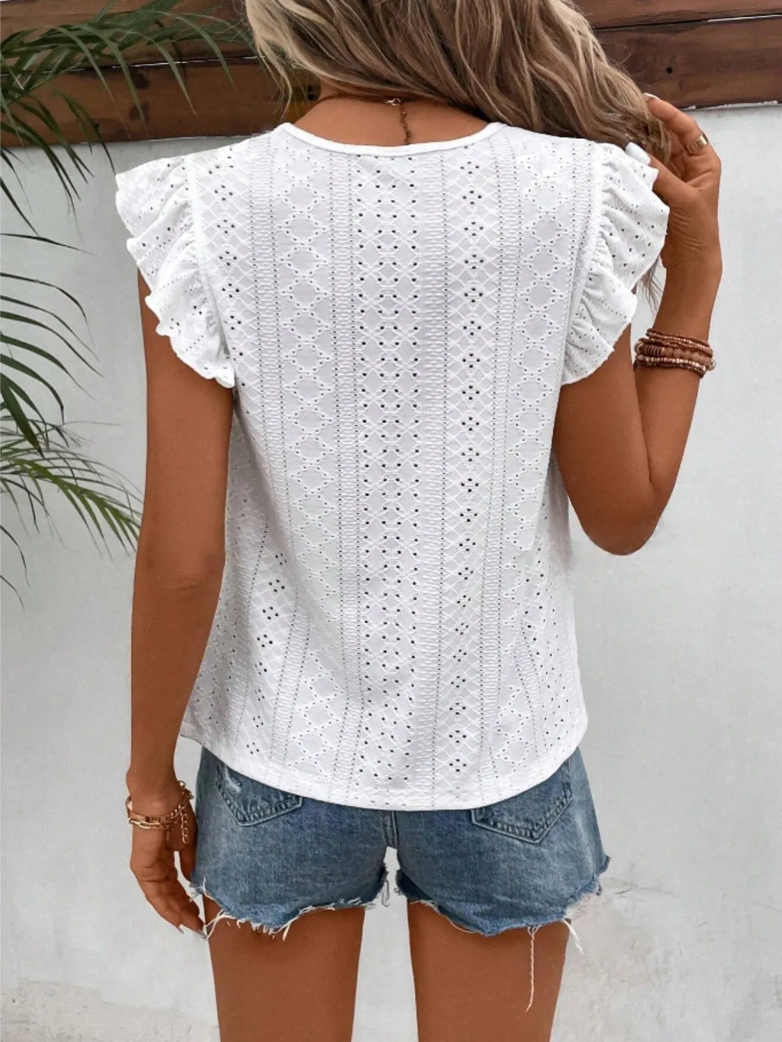 Eyelet Round Neck Cap Sleeve Top - Image 10