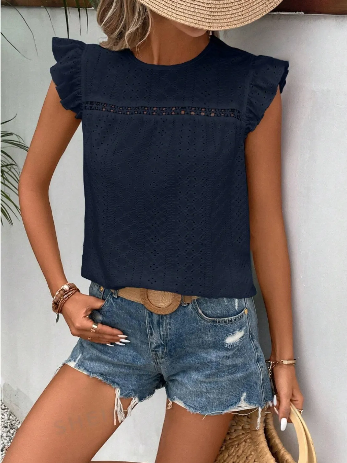 Eyelet Round Neck Cap Sleeve Top - Image 19