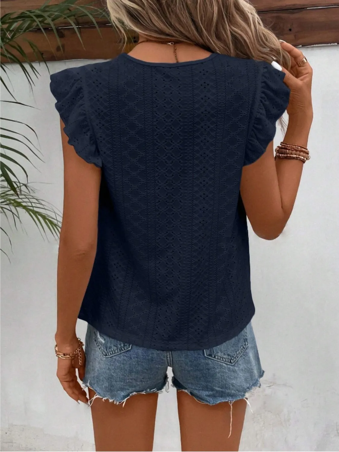 Eyelet Round Neck Cap Sleeve Top - Image 20