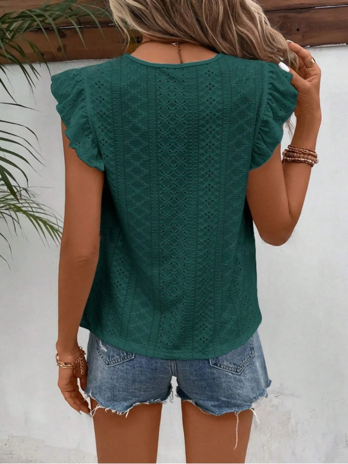 Eyelet Round Neck Cap Sleeve Top - Image 25