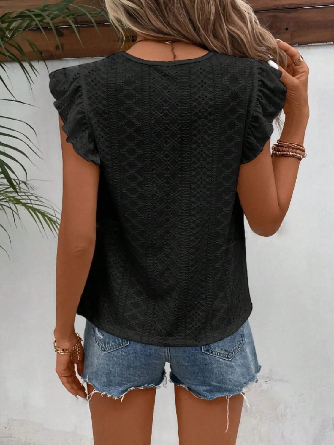 Eyelet Round Neck Cap Sleeve Top - Image 30
