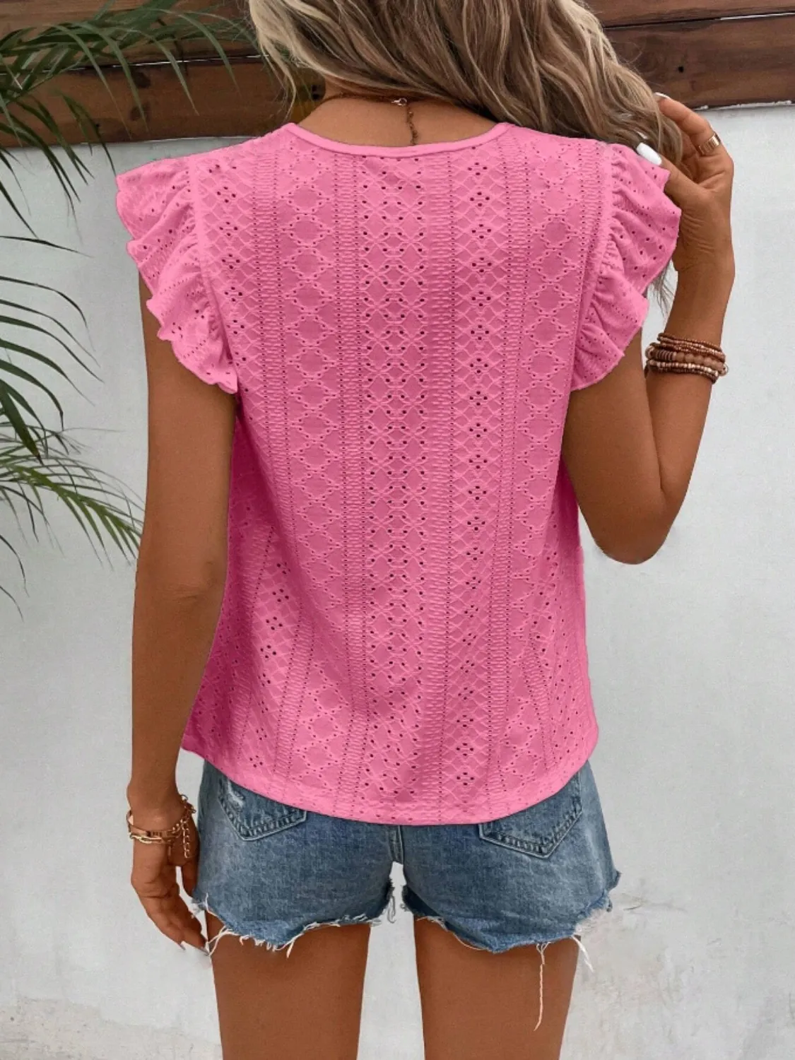 Eyelet Round Neck Cap Sleeve Top - Image 5
