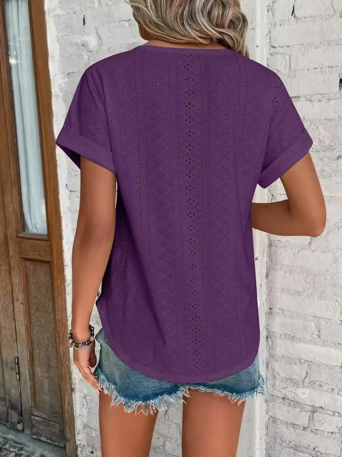 Eyelet Round Neck Short Sleeve T-Shirt - Image 11