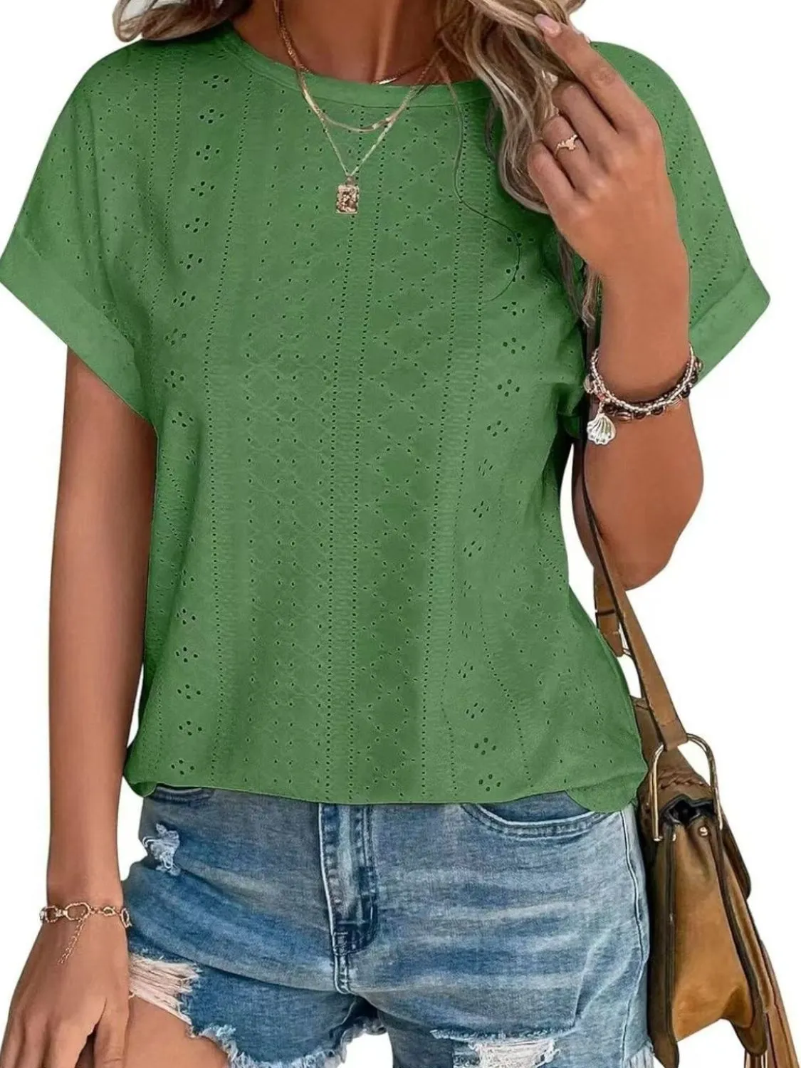 Eyelet Round Neck Short Sleeve Top - Image 14