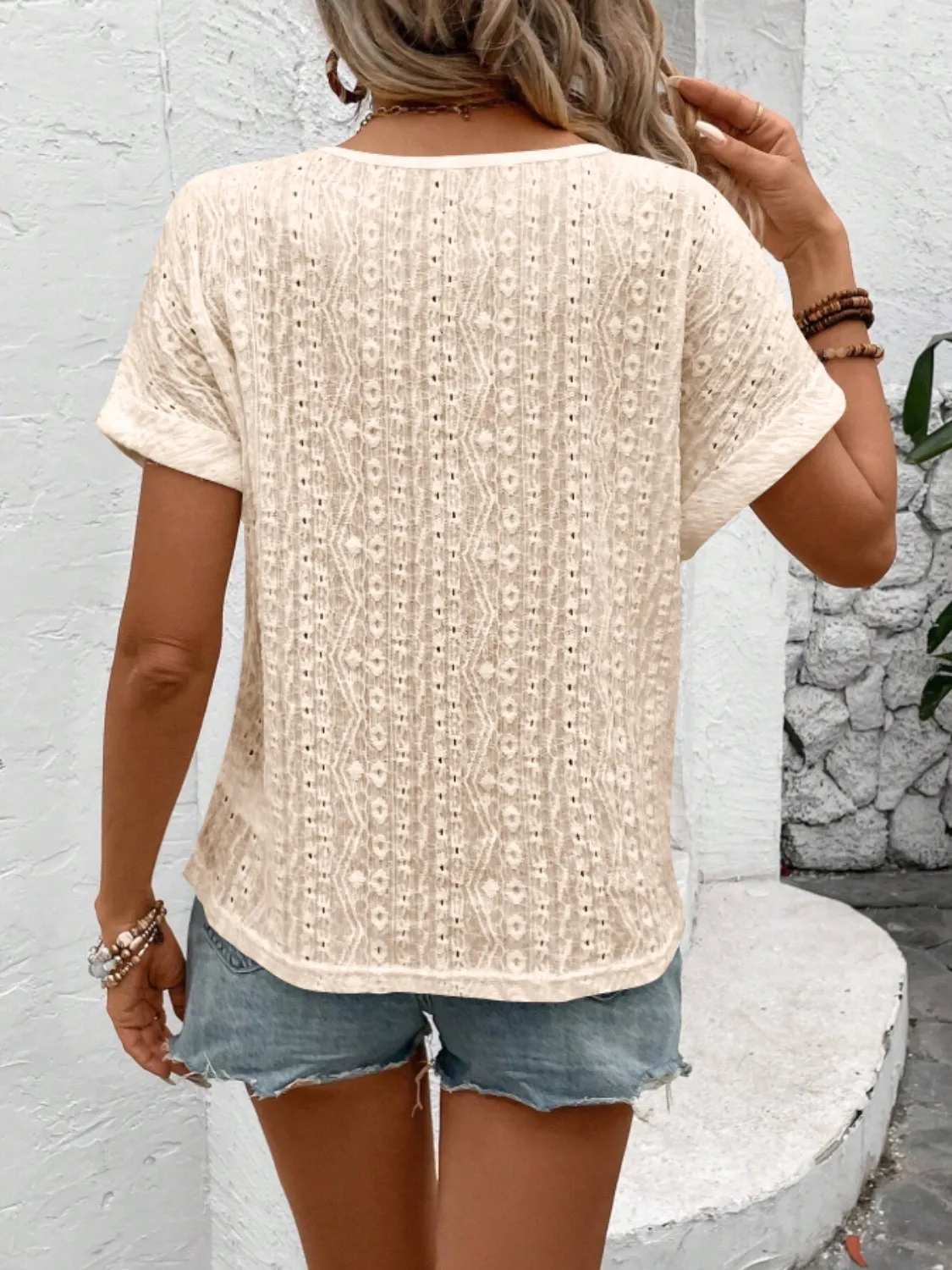 Eyelet Round Neck Short Sleeve Top - Image 14