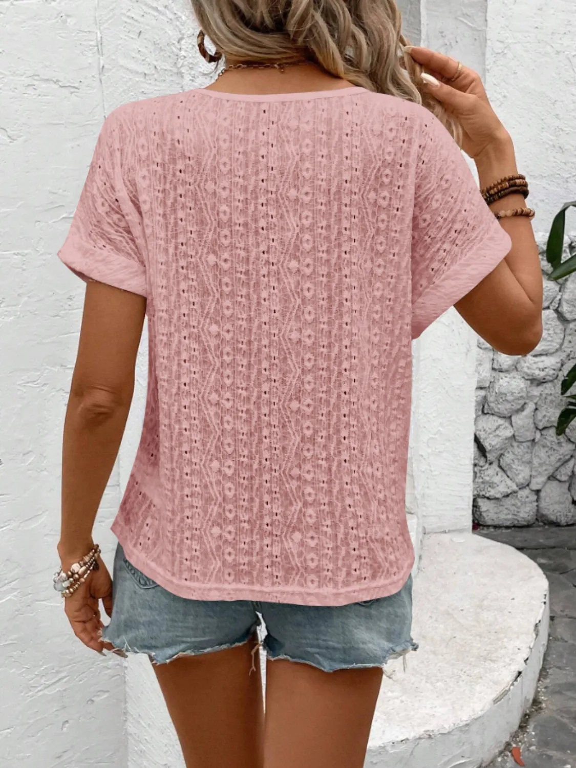 Eyelet Round Neck Short Sleeve Top - Image 28