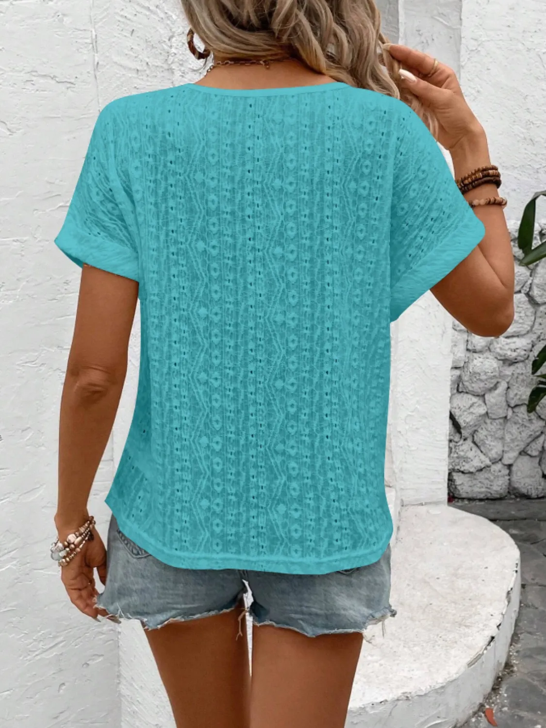 Eyelet Round Neck Short Sleeve Top - Image 7