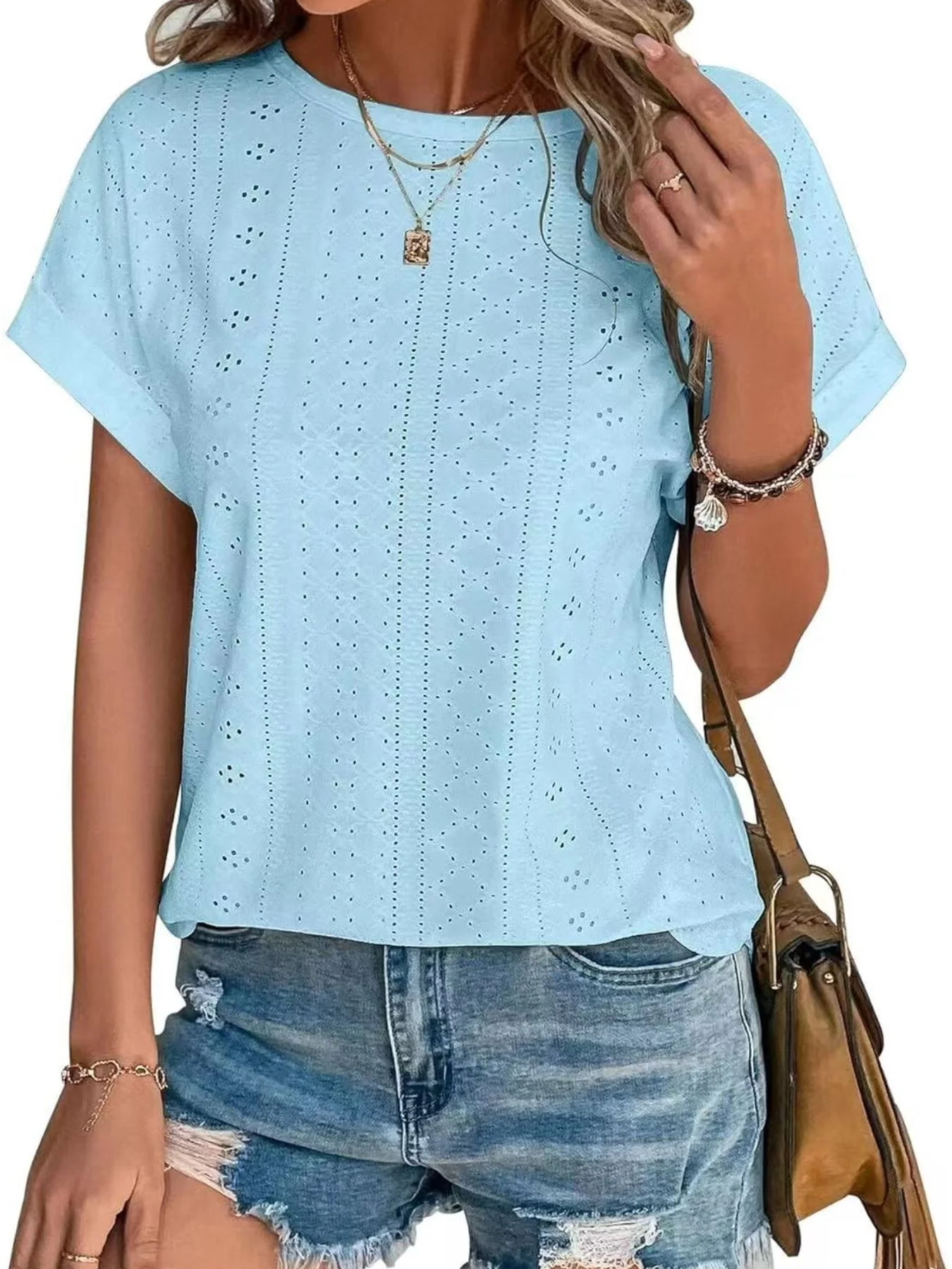 Eyelet Round Neck Short Sleeve Top - Image 16