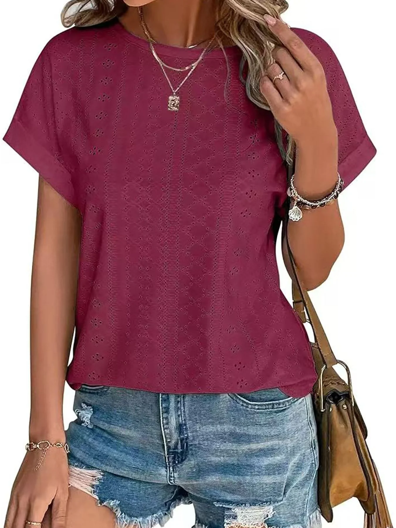 Eyelet Round Neck Short Sleeve Top - Image 28