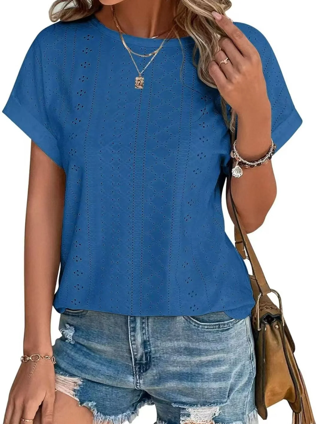 Eyelet Round Neck Short Sleeve Top - Image 34