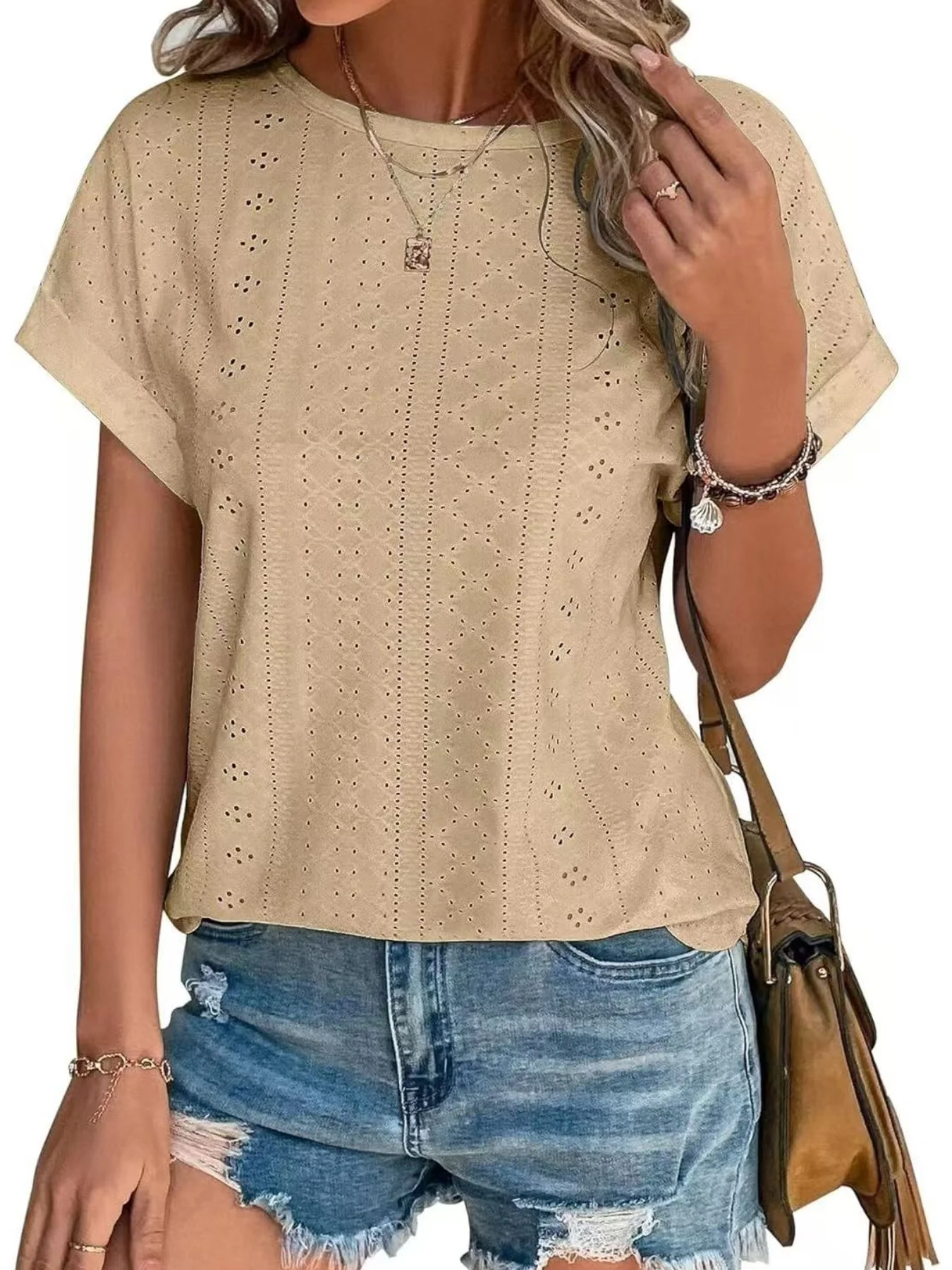 Eyelet Round Neck Short Sleeve Top - Image 7