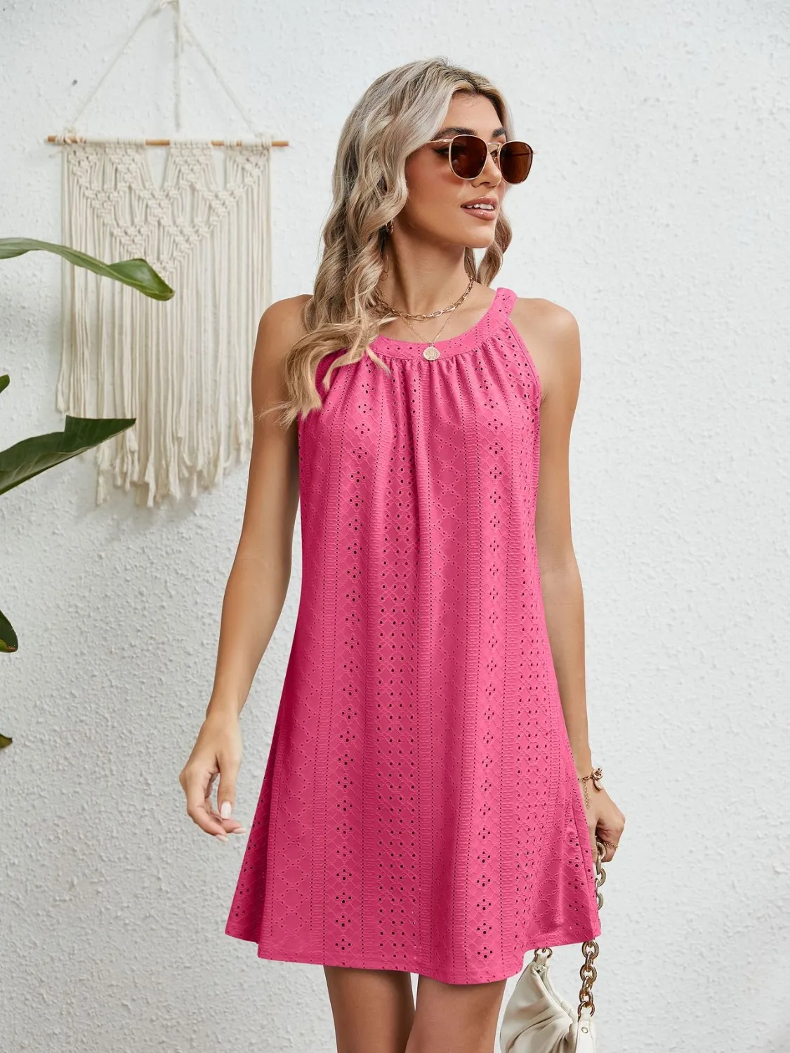 Eyelet Round Neck Sleeveless Dress - Image 3