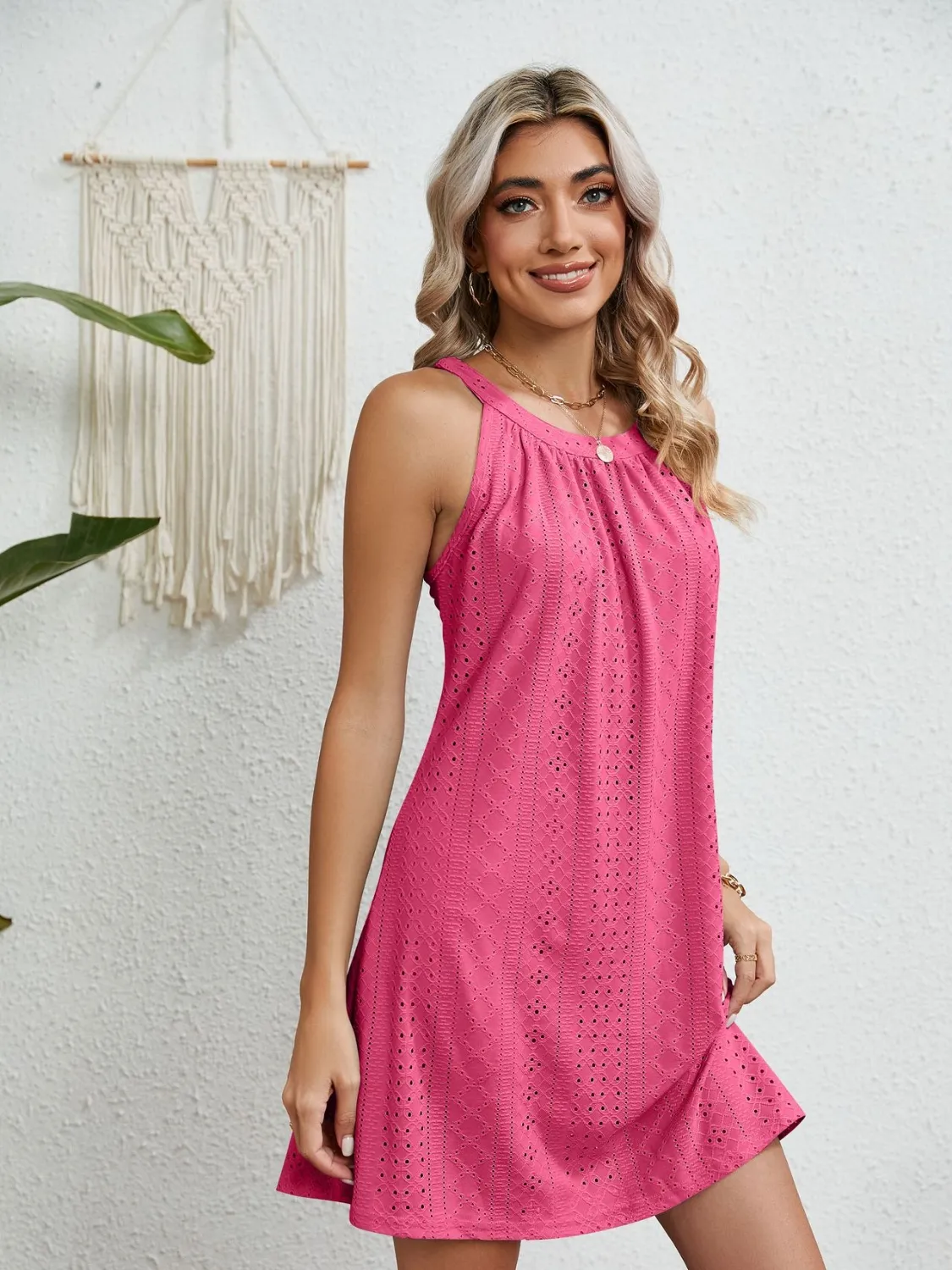Eyelet Round Neck Sleeveless Dress - Image 4