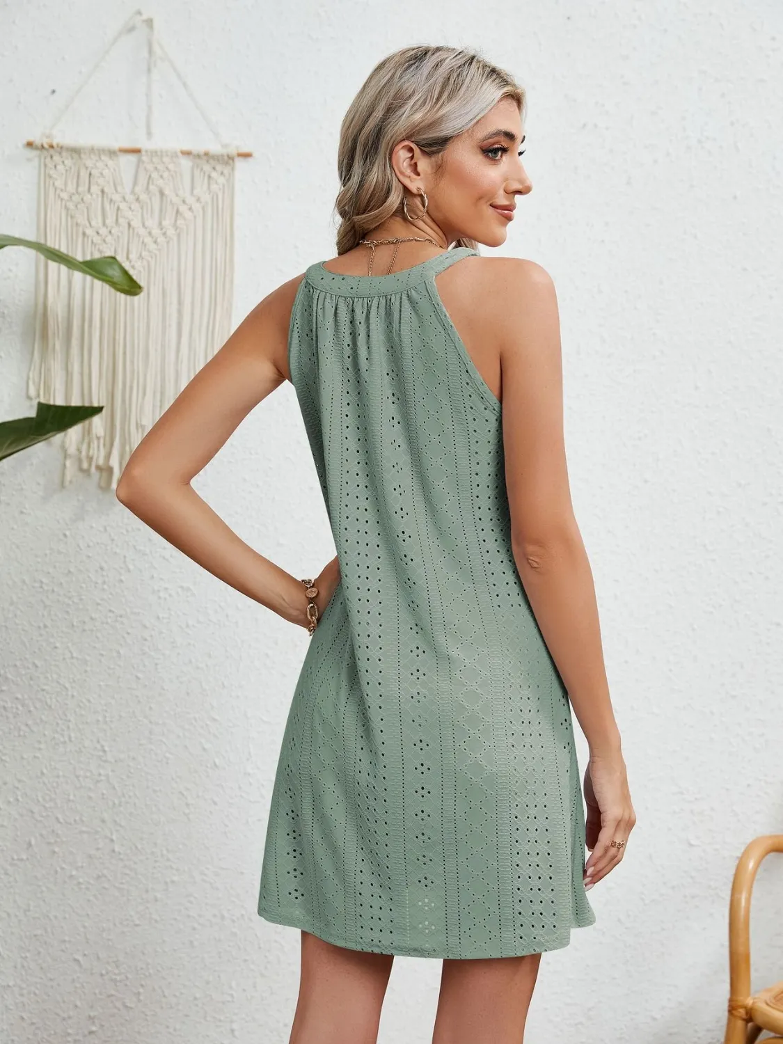 Eyelet Round Neck Sleeveless Dress - Image 6