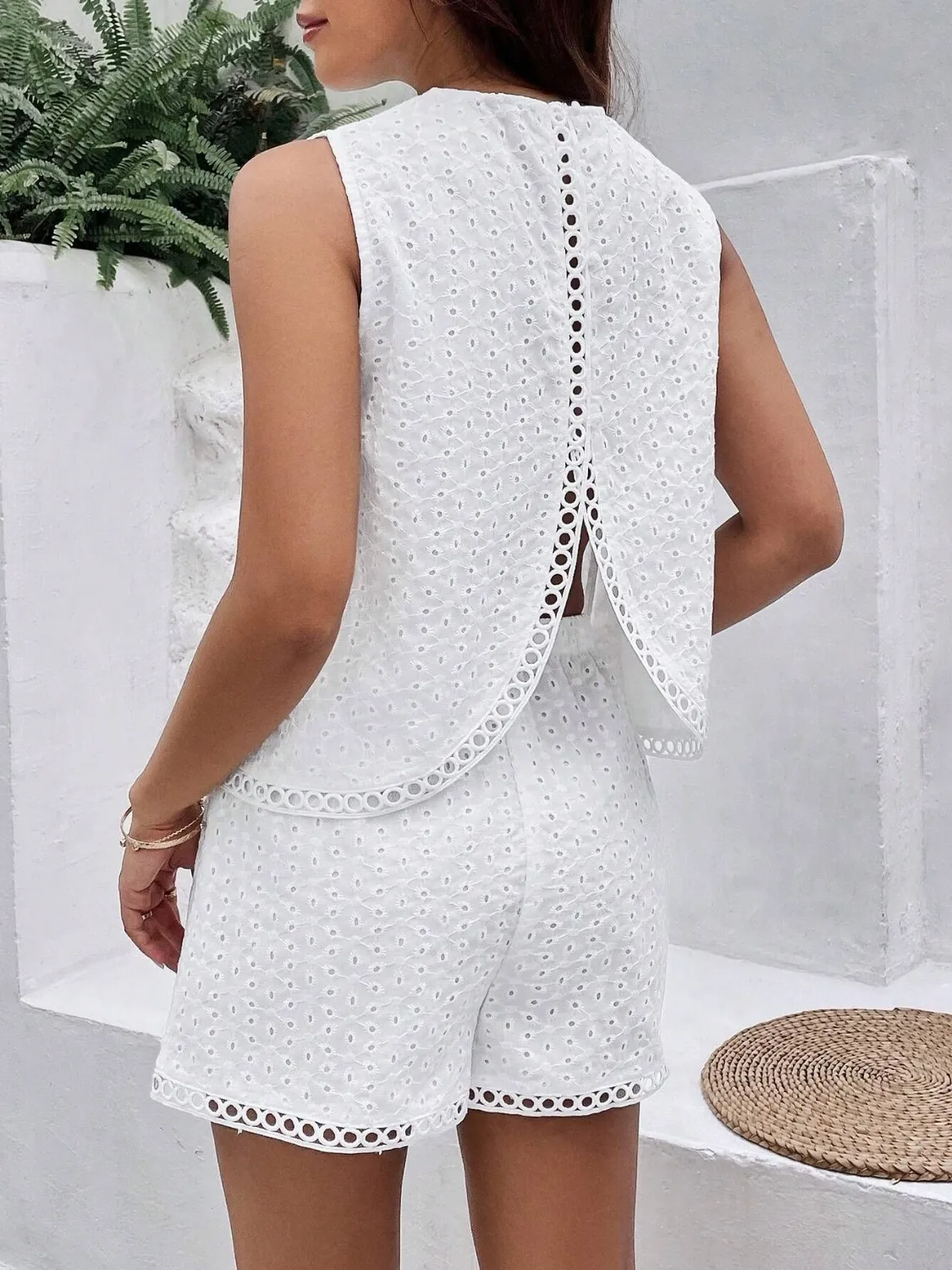 Eyelet Round Neck Top and Shorts Set - Image 2