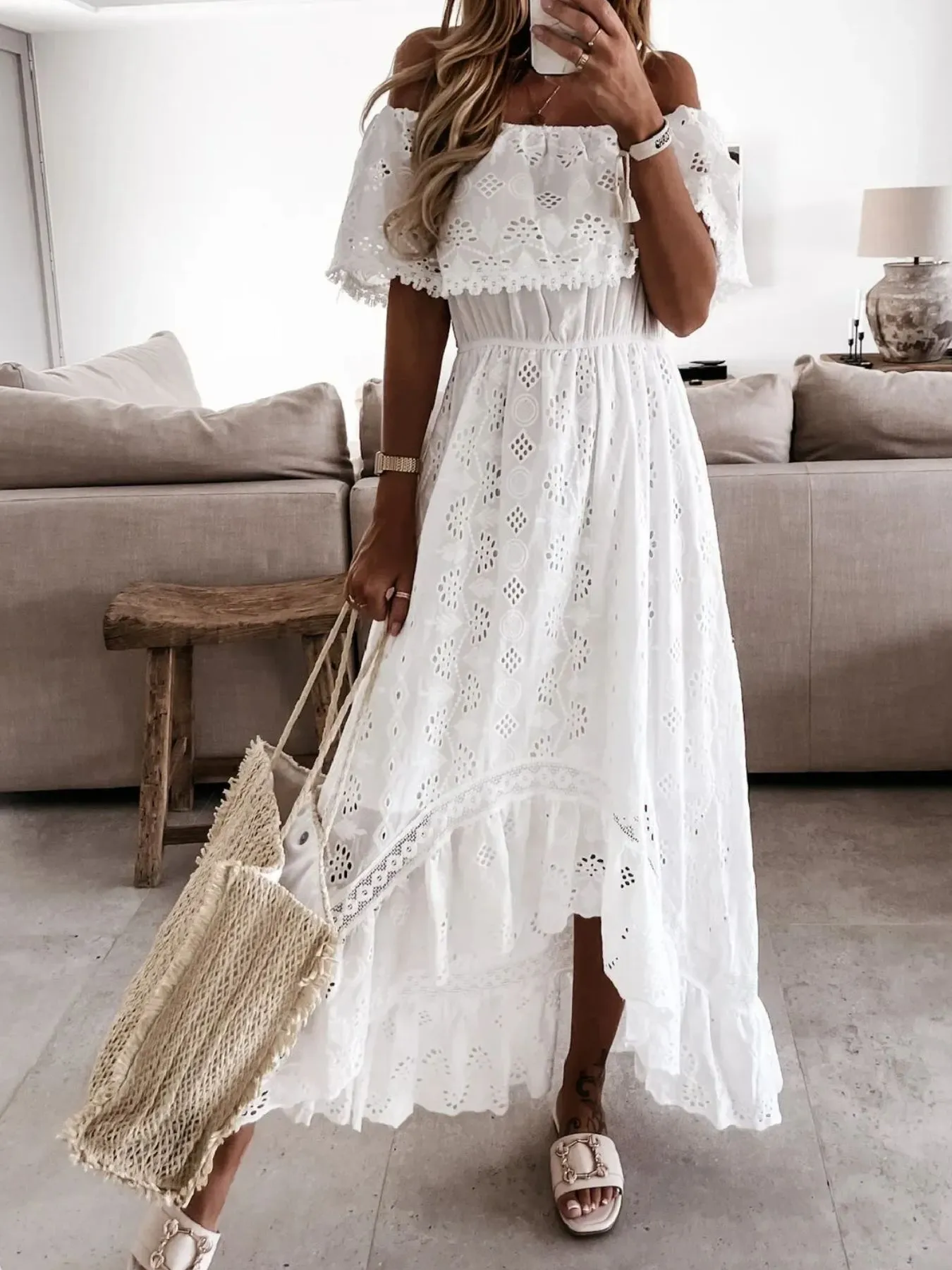 Eyelet Ruffled Hem Off-Shoulder Dress - Image 4