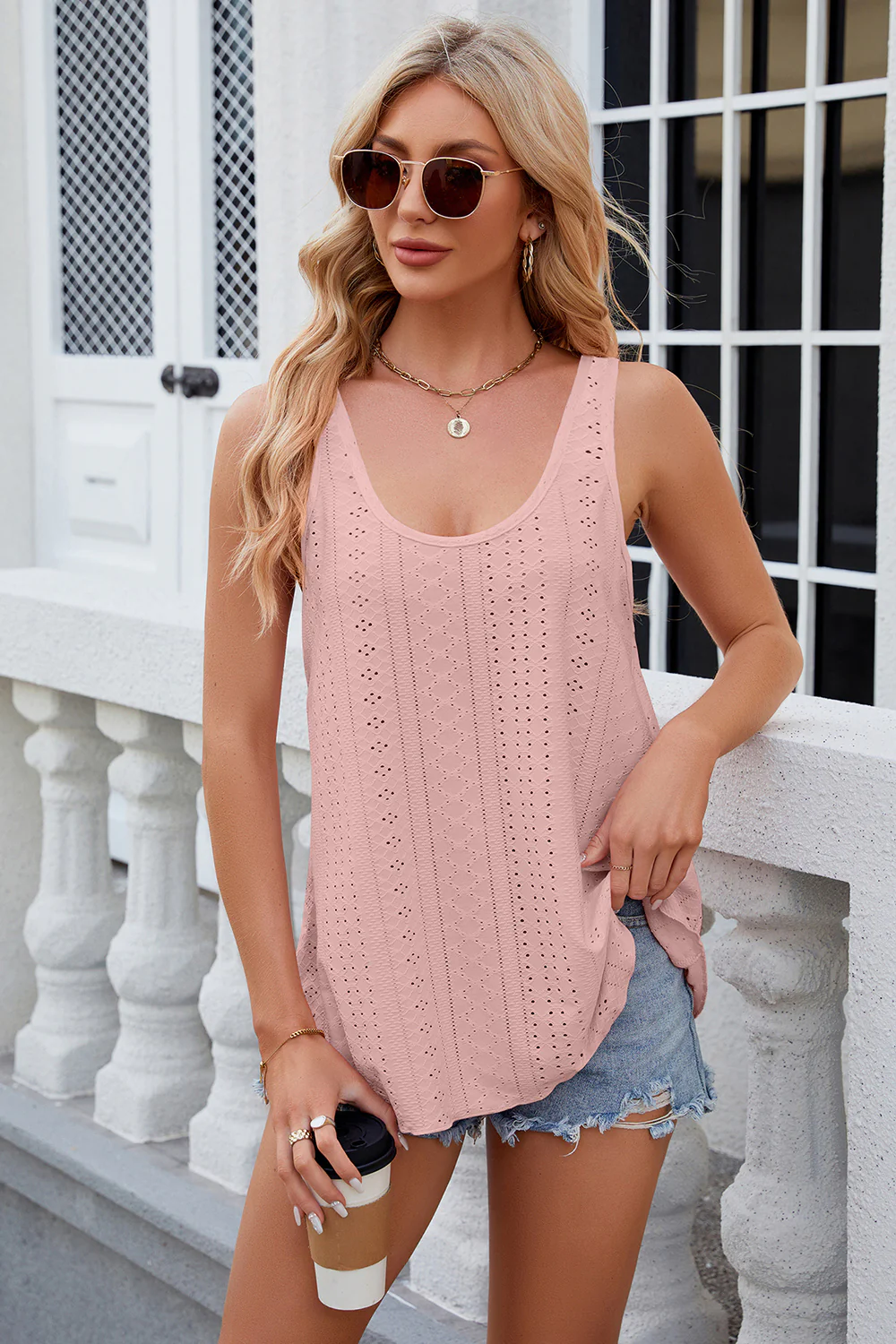 Eyelet Scoop Neck Wide Strap Tank - Image 19