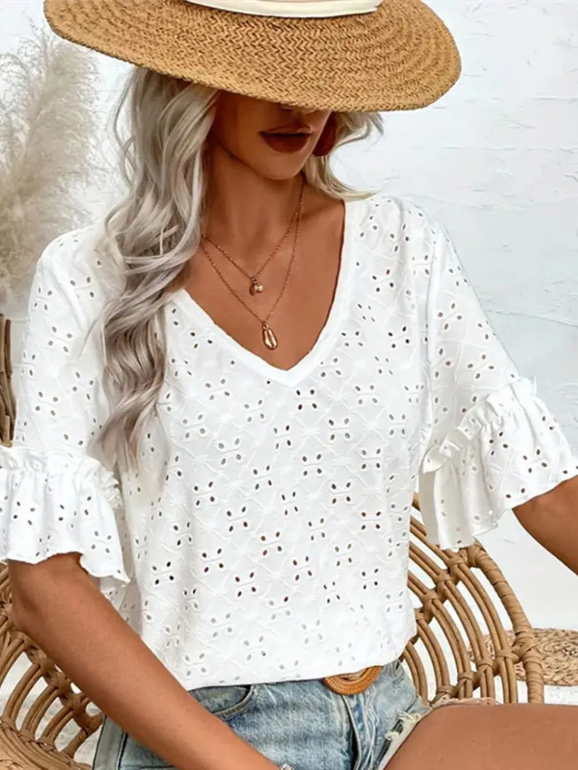 Eyelet V-Neck Half Sleeve Blouse - Image 4