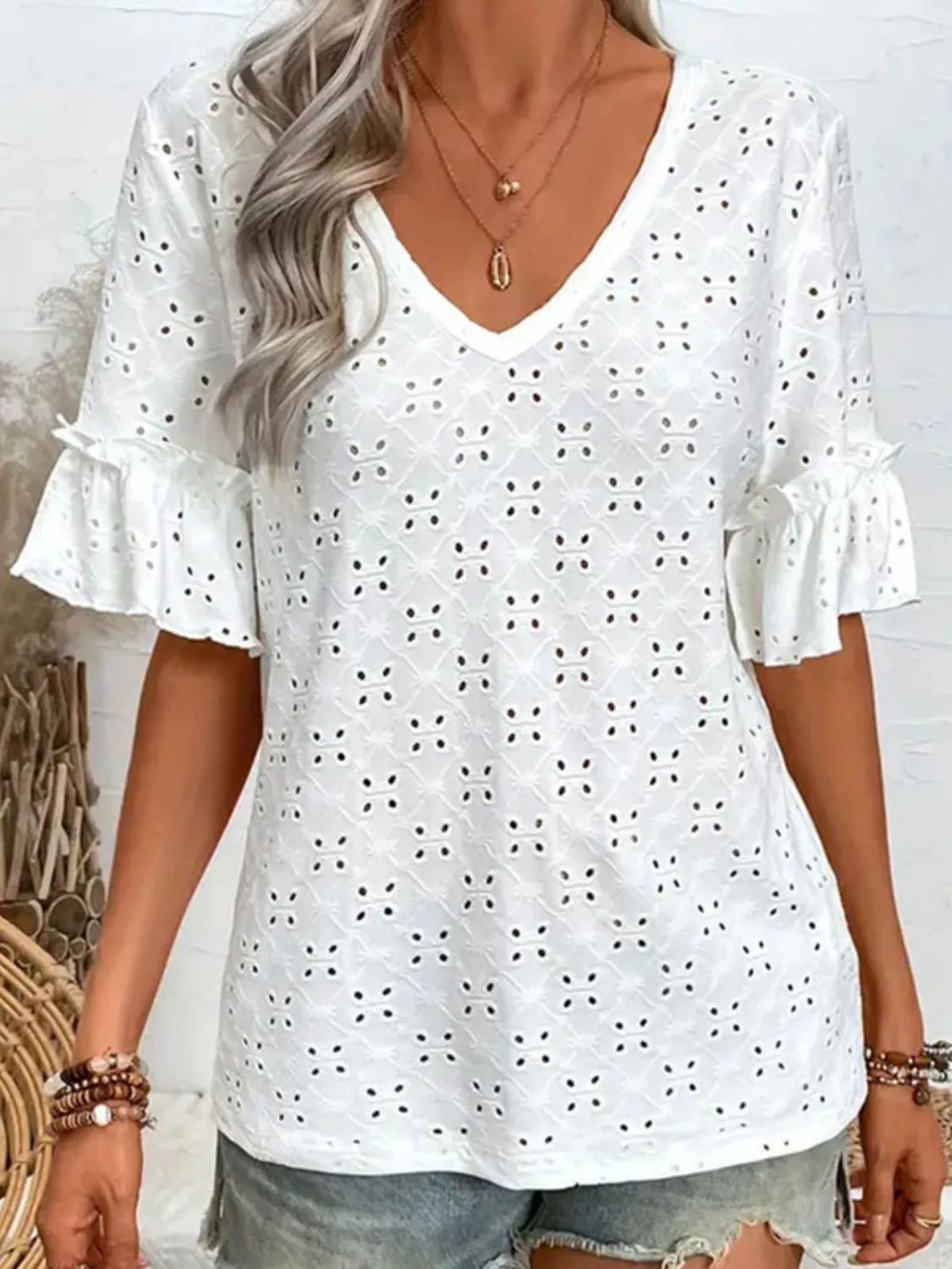Eyelet V-Neck Half Sleeve Blouse - Image 6