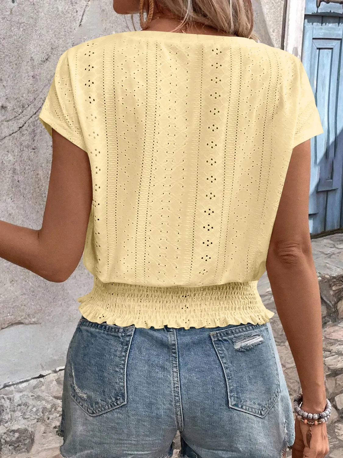 Eyelet V-Neck Short Sleeve Blouse - Image 11