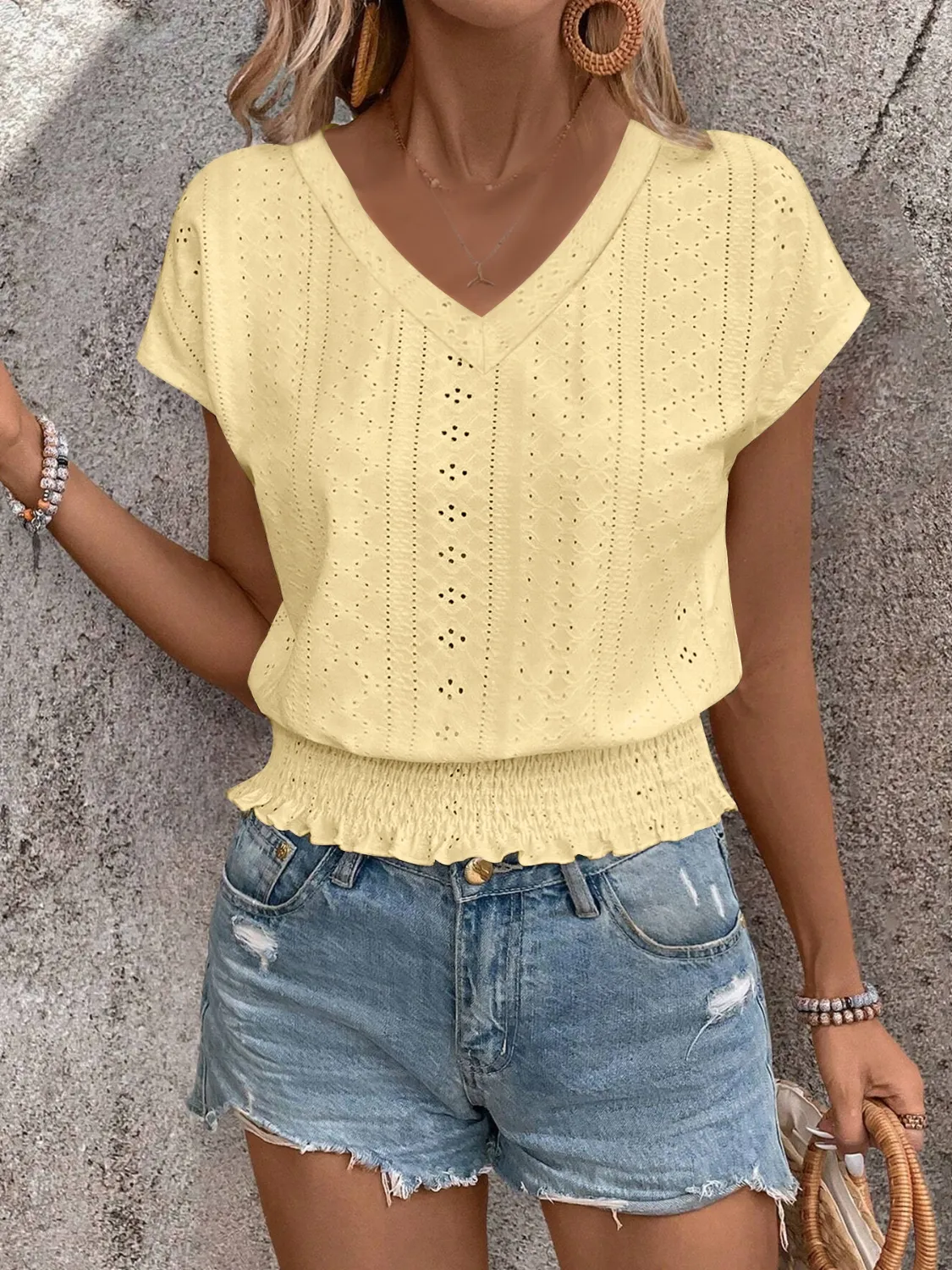 Eyelet V-Neck Short Sleeve Blouse - Image 12