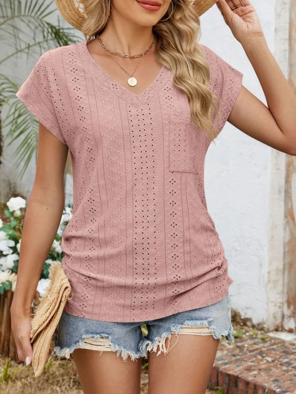 Eyelet V-Neck Short Sleeve Top - Image 24