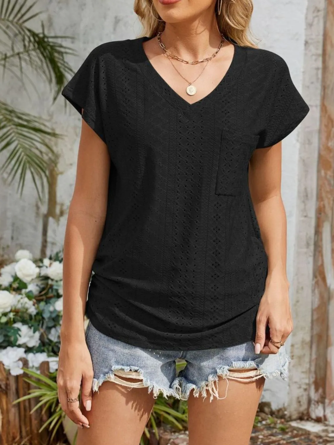 Eyelet V-Neck Short Sleeve Top - Image 28