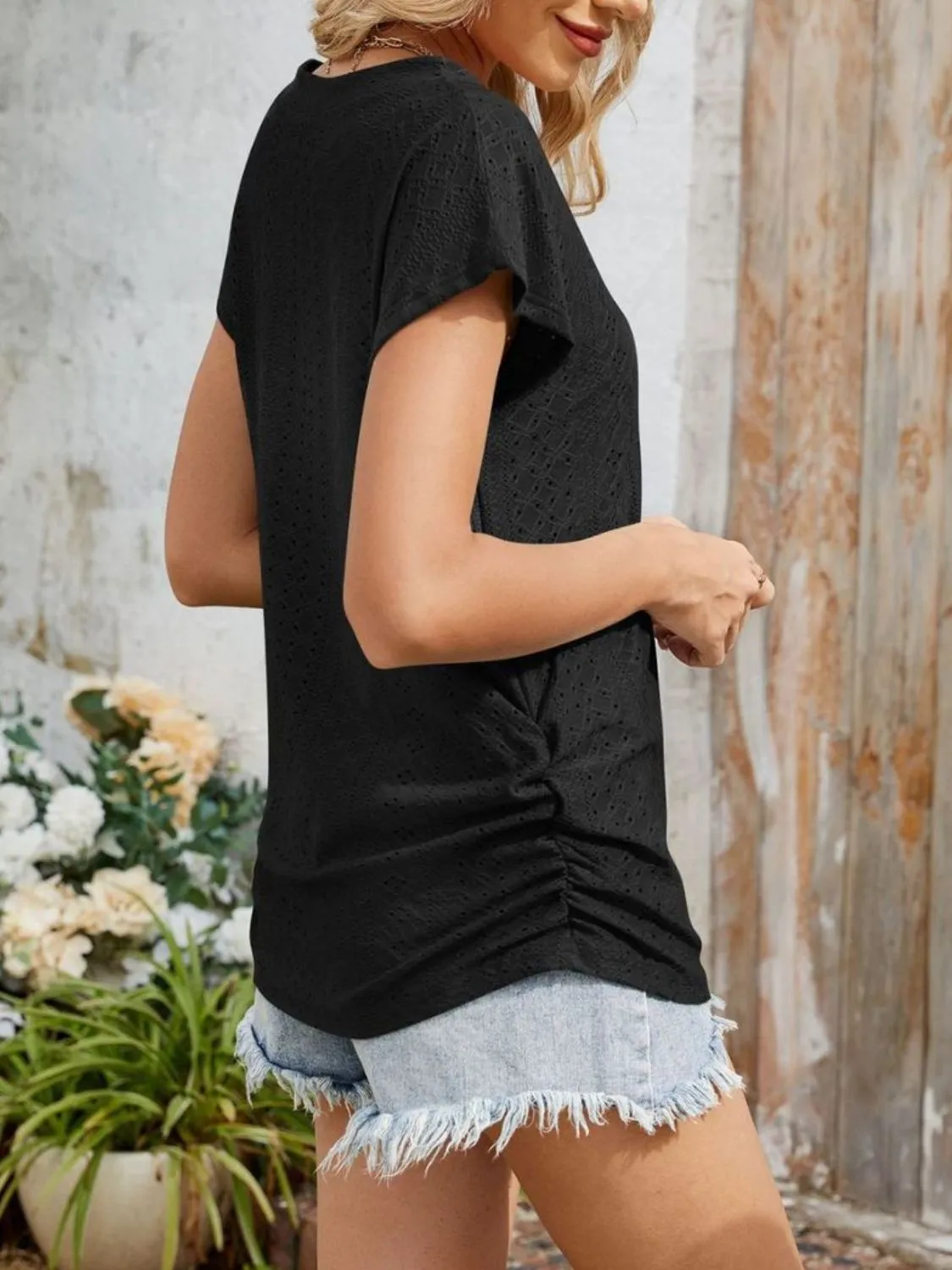 Eyelet V-Neck Short Sleeve Top - Image 29