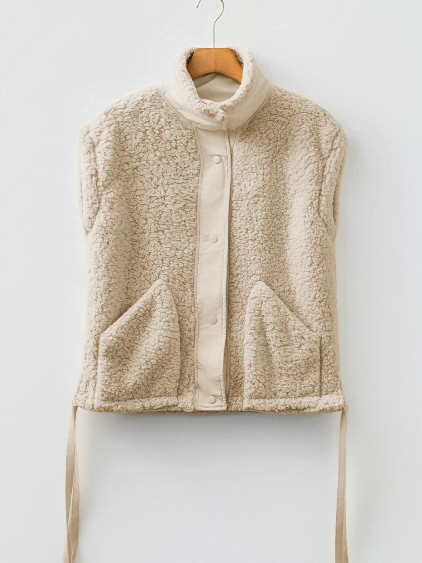 Faux Fur Snap Button Front Knot Side Plush Vest with Pockets - Image 4