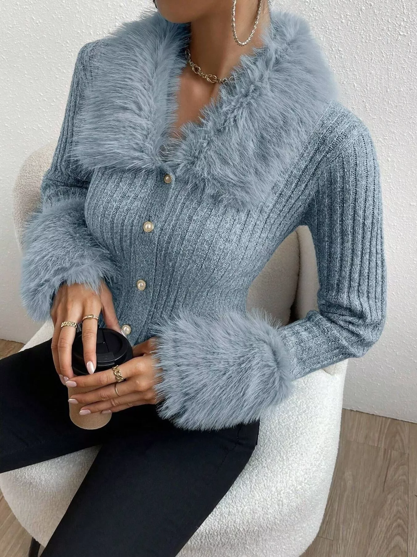 Faux Fur Trim Ribbed Knit Cropped Cardigan - Image 21