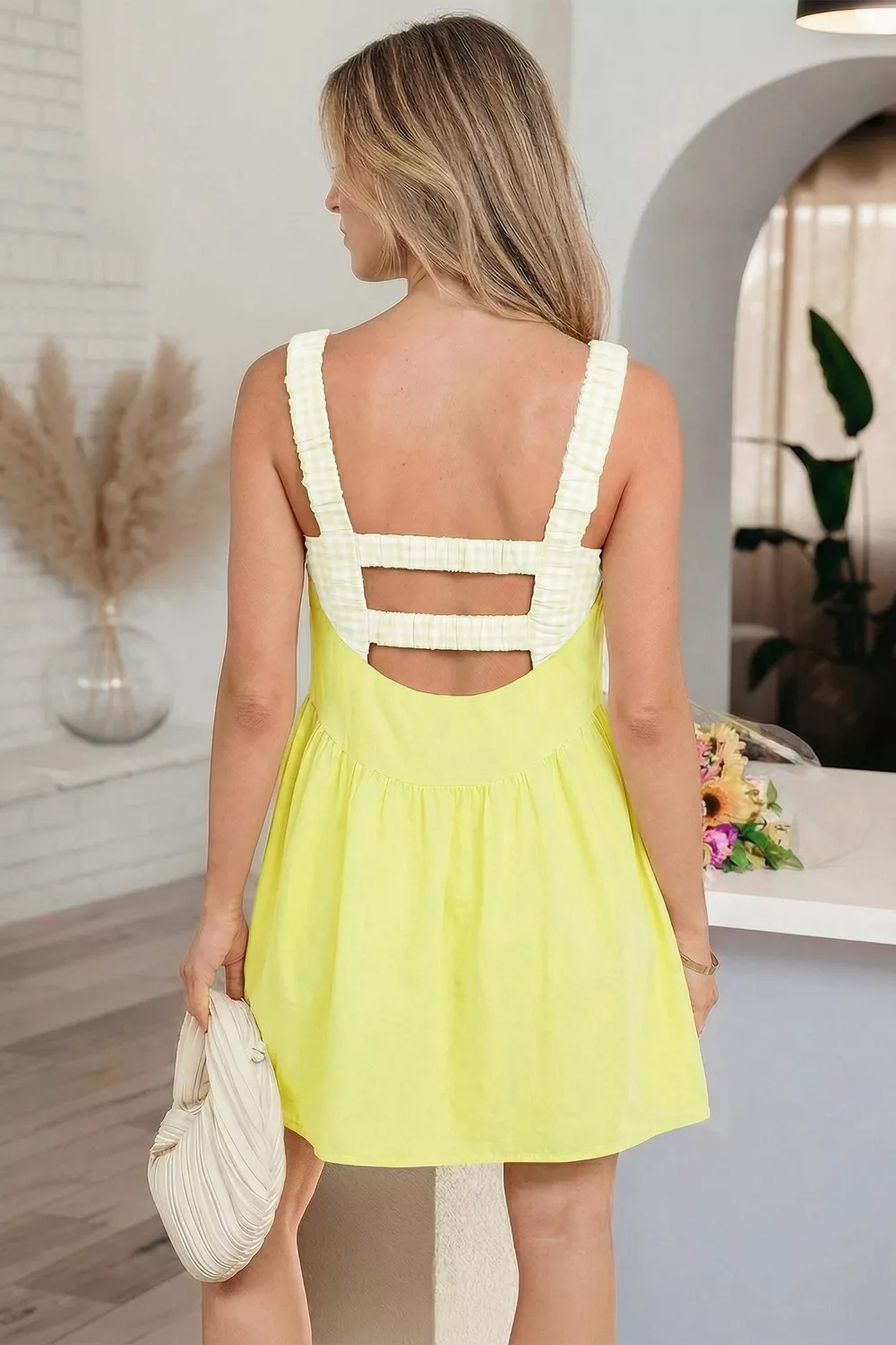 Faux Two Piece Gingham Contrast Patchwork Loose Mini Dress - Image 3