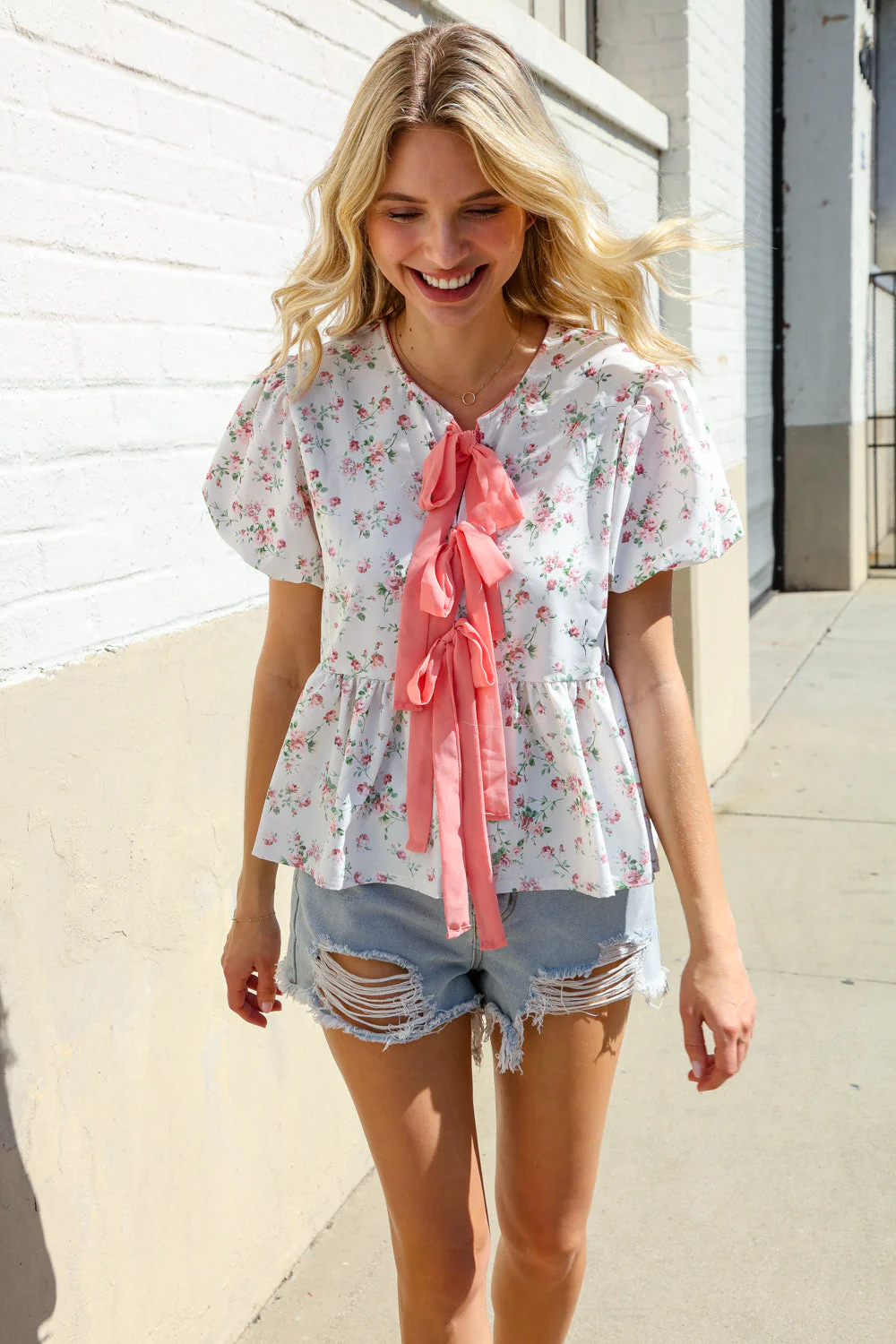 Feeling Femme Ivory Ribbon Bow Tie Folded Puff Sleeve Top - Image 10