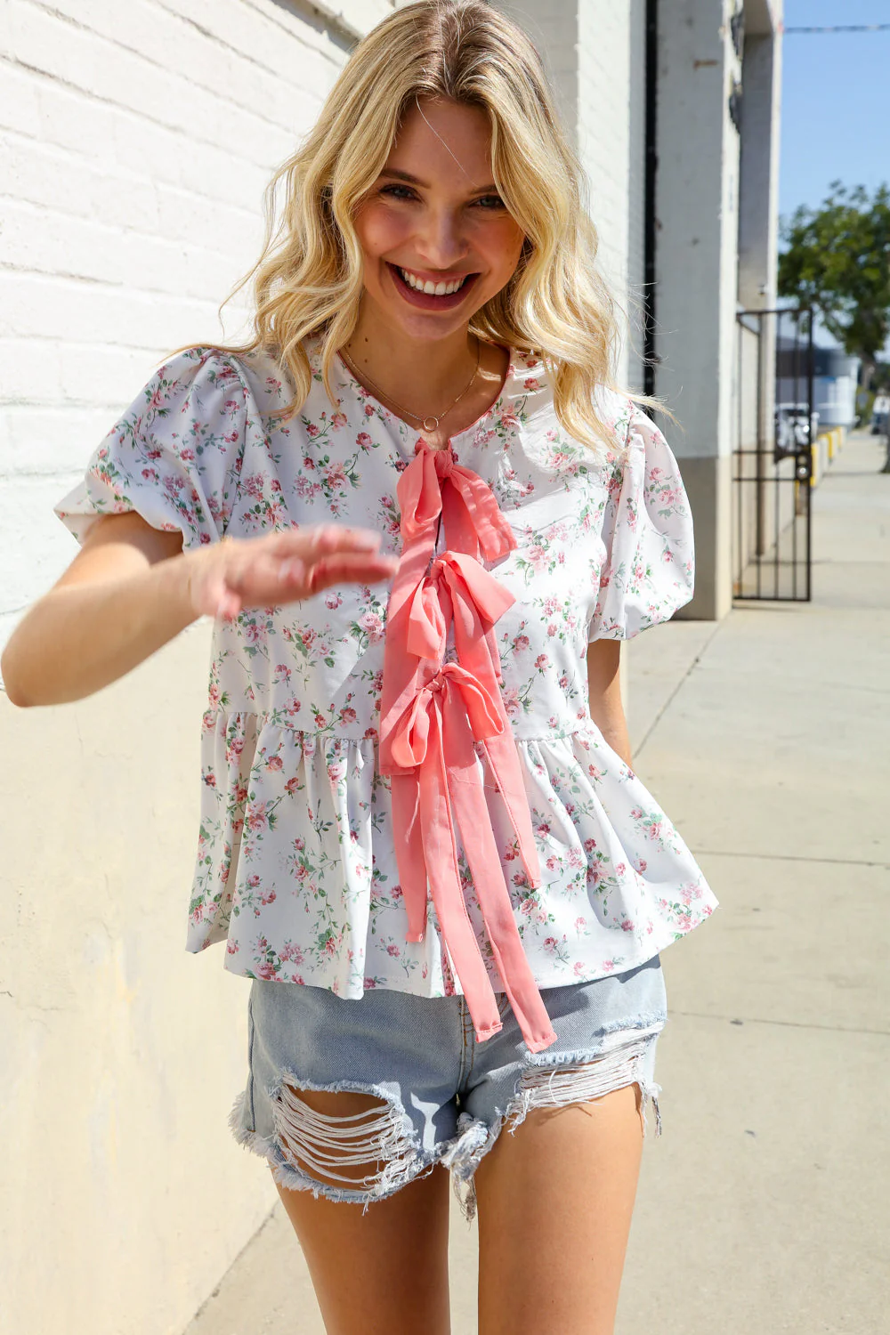 Feeling Femme Ivory Ribbon Bow Tie Folded Puff Sleeve Top - Image 11