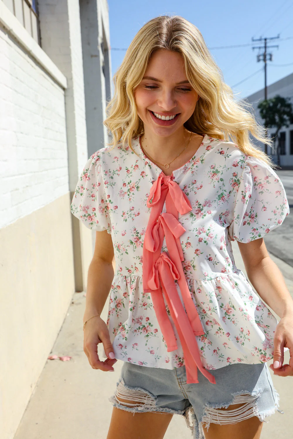 Feeling Femme Ivory Ribbon Bow Tie Folded Puff Sleeve Top - Image 12