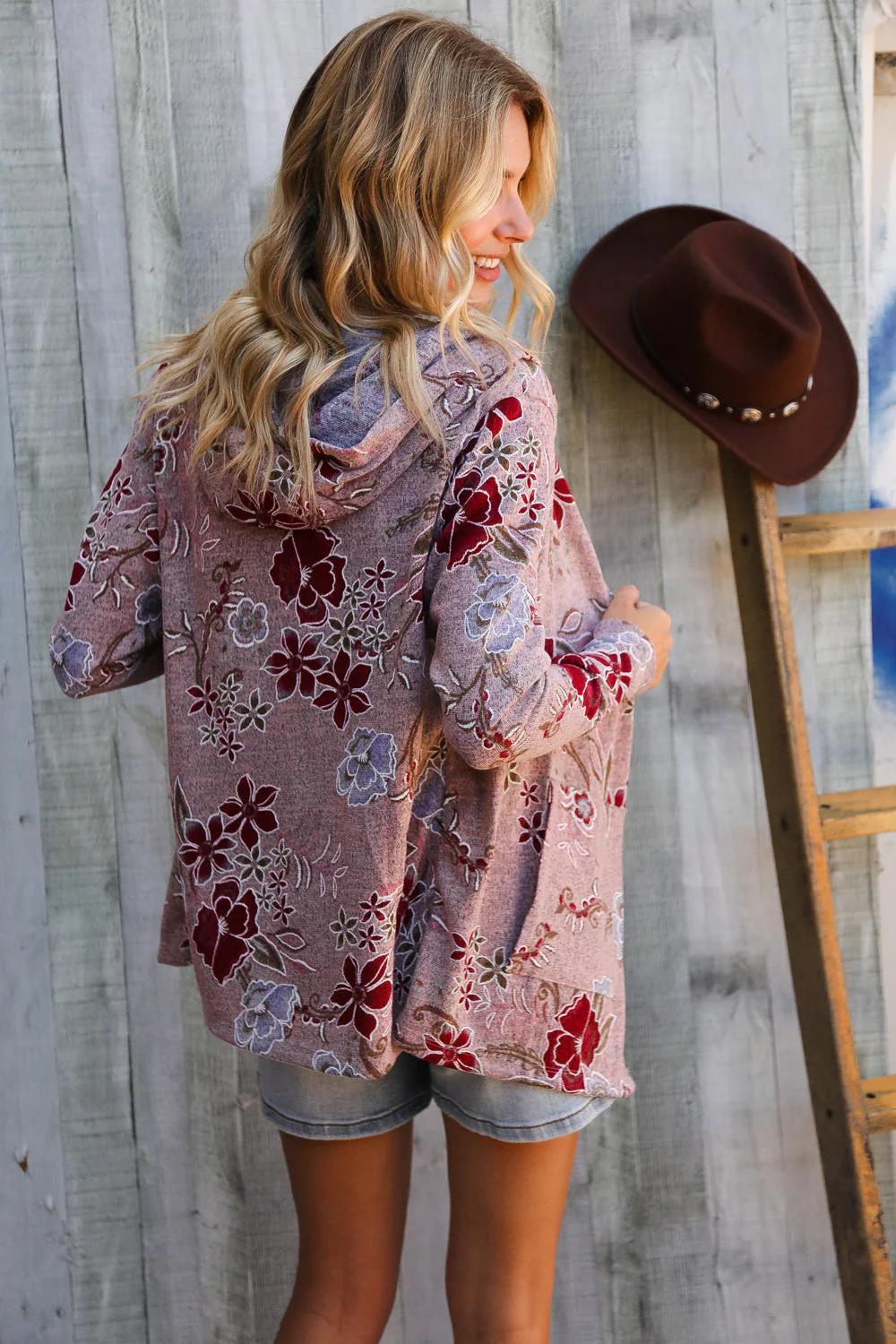 Find Love Bronze Long Sleeve Floral Print Open Cardigan Hoodie - Image 4