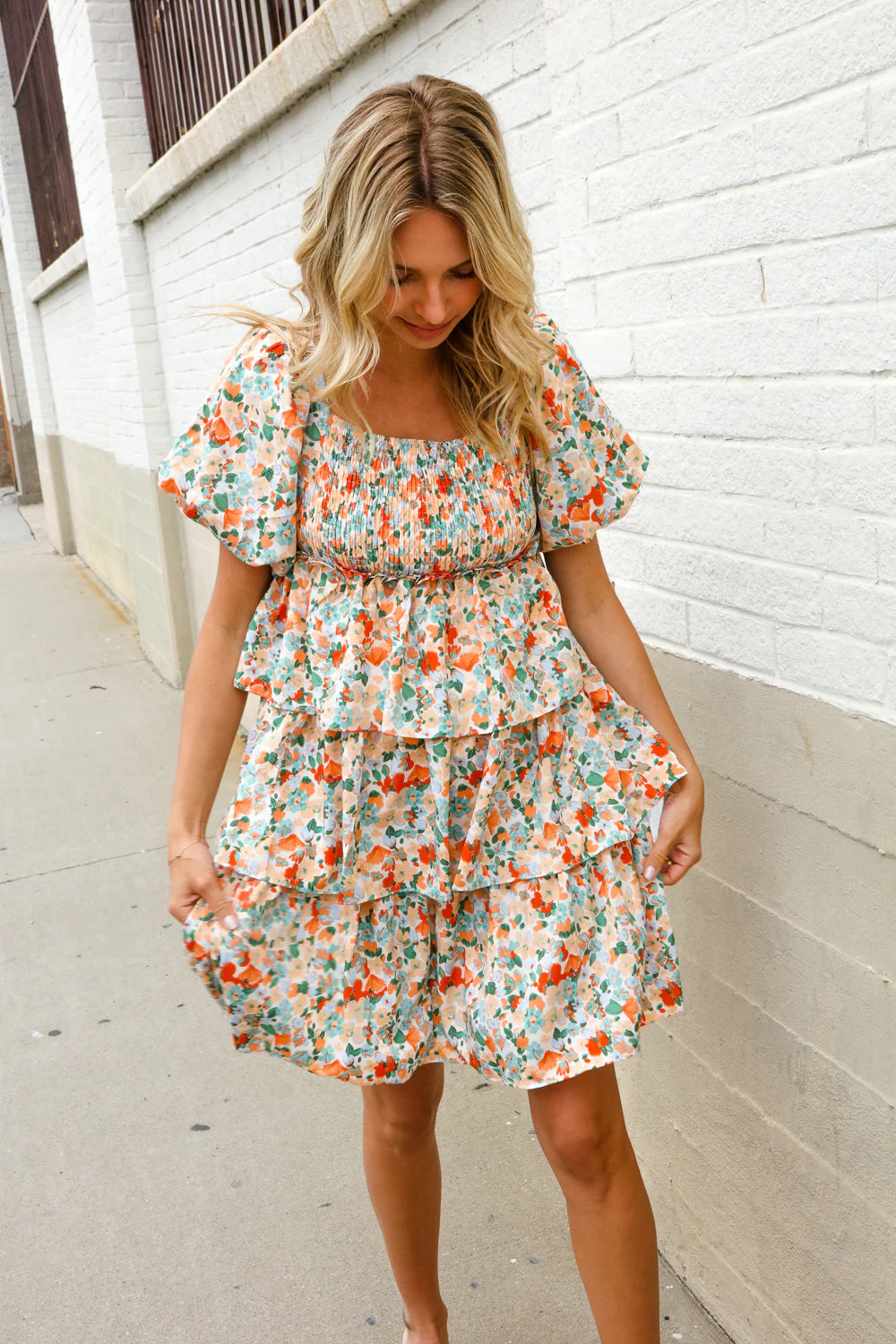 Find Love Floral Print Smocked Neck Puff Sleeve Ruffle Tiered Dress - Image 12