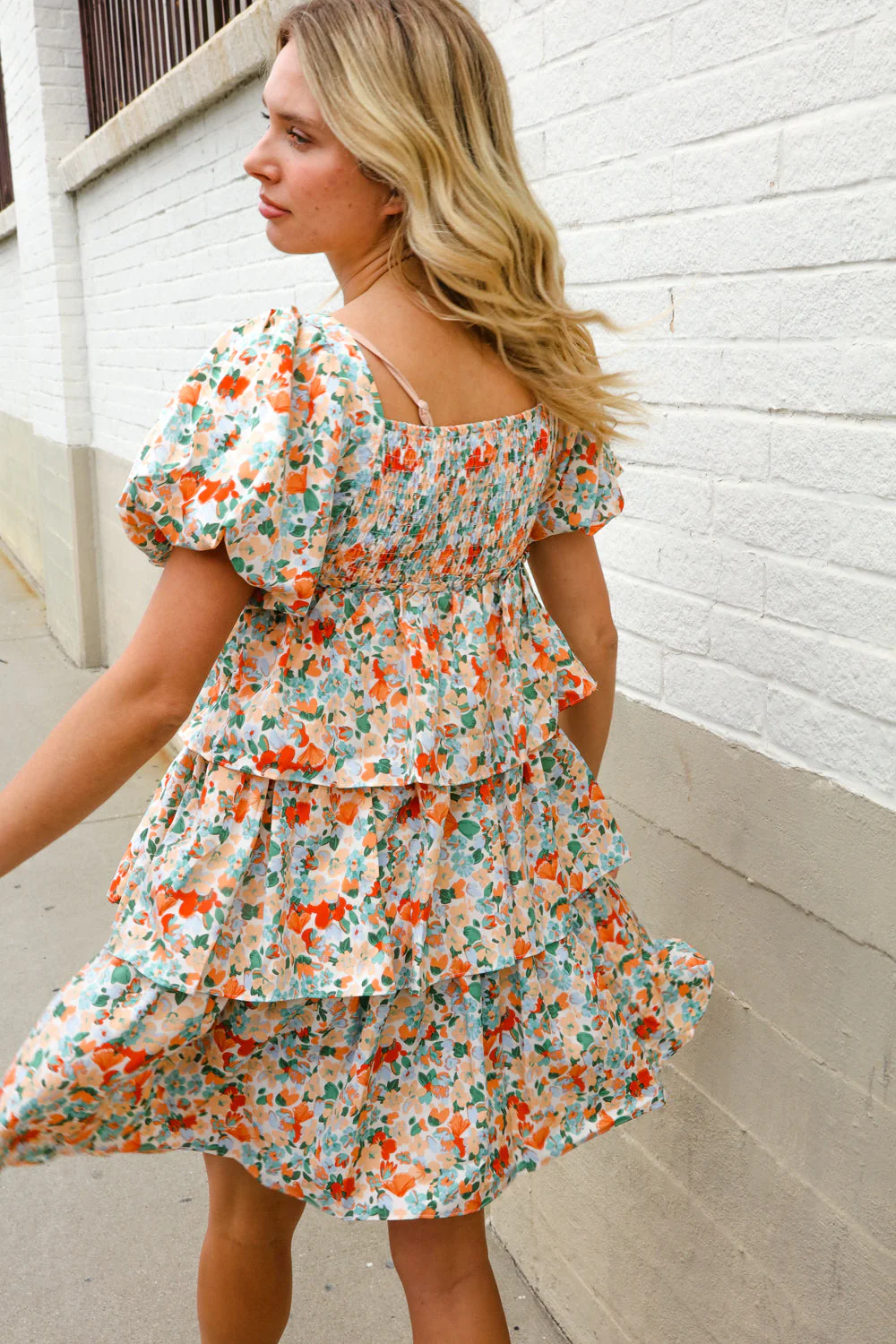 Find Love Floral Print Smocked Neck Puff Sleeve Ruffle Tiered Dress - Image 17