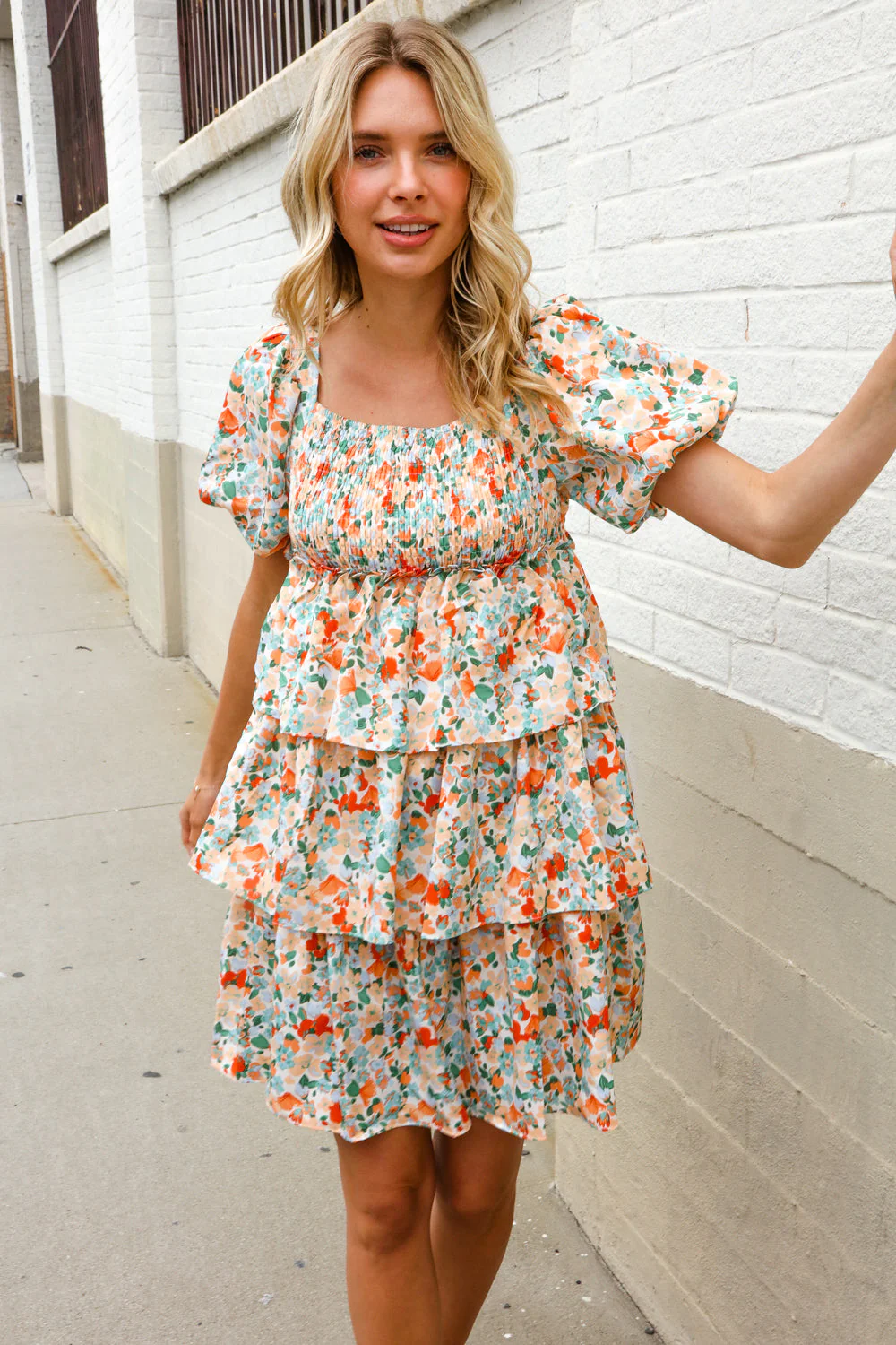 Find Love Floral Print Smocked Neck Puff Sleeve Ruffle Tiered Dress - Image 18