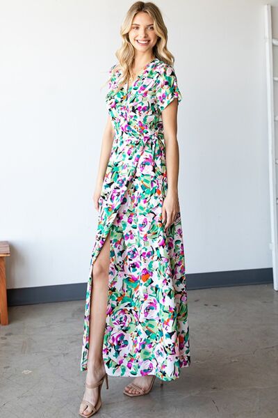 First Love Slit Printed Surplice Tie Waist Short Sleeve Dress - Image 3
