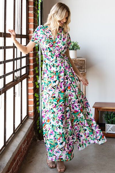 First Love Slit Printed Surplice Tie Waist Short Sleeve Dress - Image 4