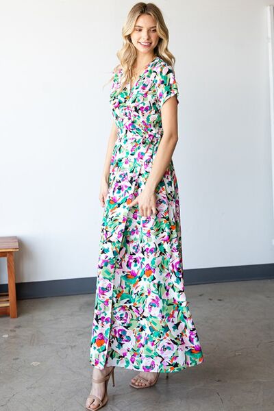 First Love Slit Printed Surplice Tie Waist Short Sleeve Dress - Image 5