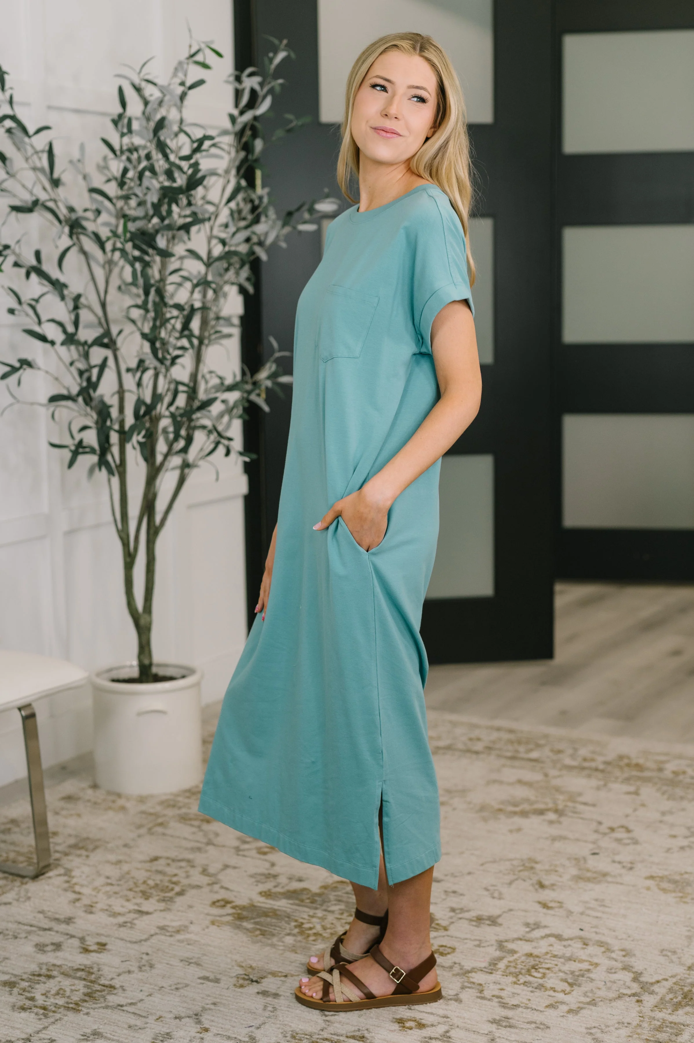 Fix You Right Up Short Sleeve Midi Dress in Dusty Teal - Image 3