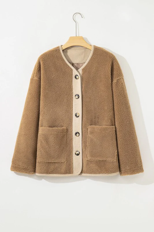 Fleece Corduroy Patchwork Button Up Jacket - Image 10