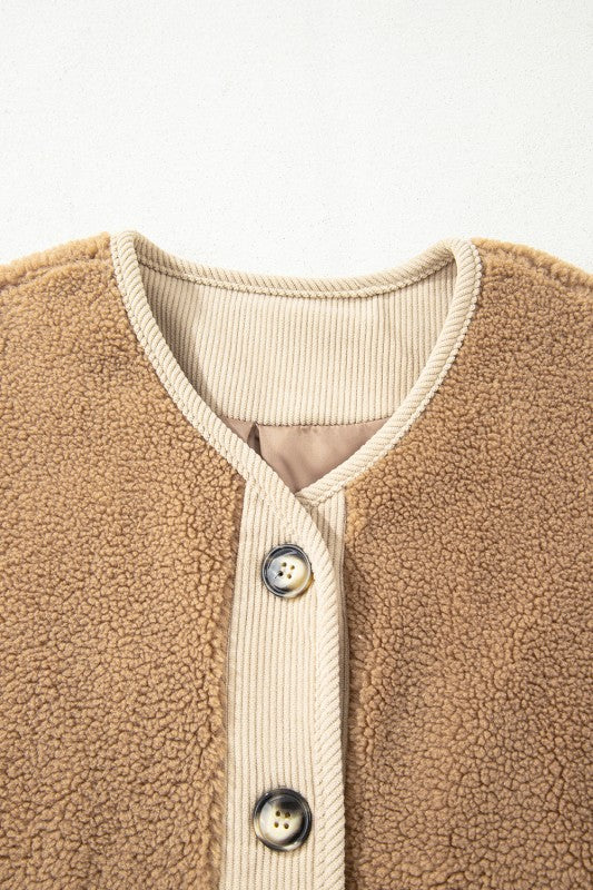 Fleece Corduroy Patchwork Button Up Jacket - Image 11